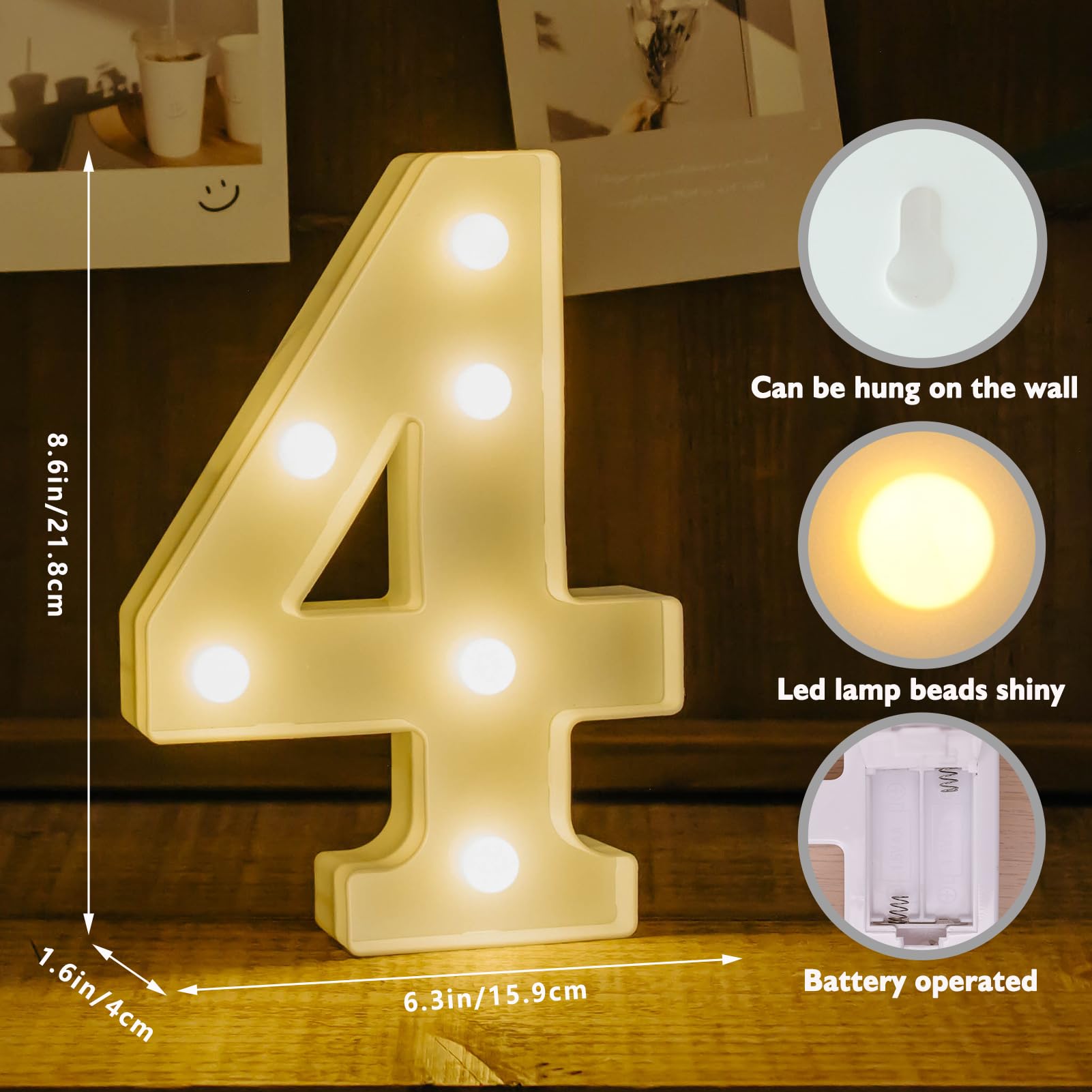 IFDGCTK Light Up Number 4 - Battery Powered LED Marquee, Warm Light Plastic Decorative Letter for Parties, Home Decor