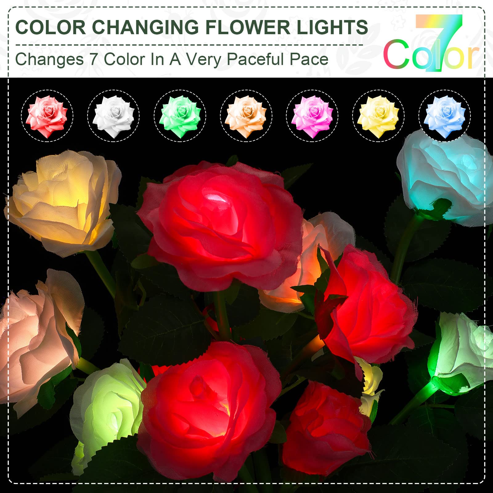 Geelin 10 Pcs Solar Rose Lights Outdoor Waterproof Solar Flower Lights With 40 Rose Flowers 7 Color Changed Decorative Solar Landscape Light For Weeding Garden Yard Patio Pathway Walkway