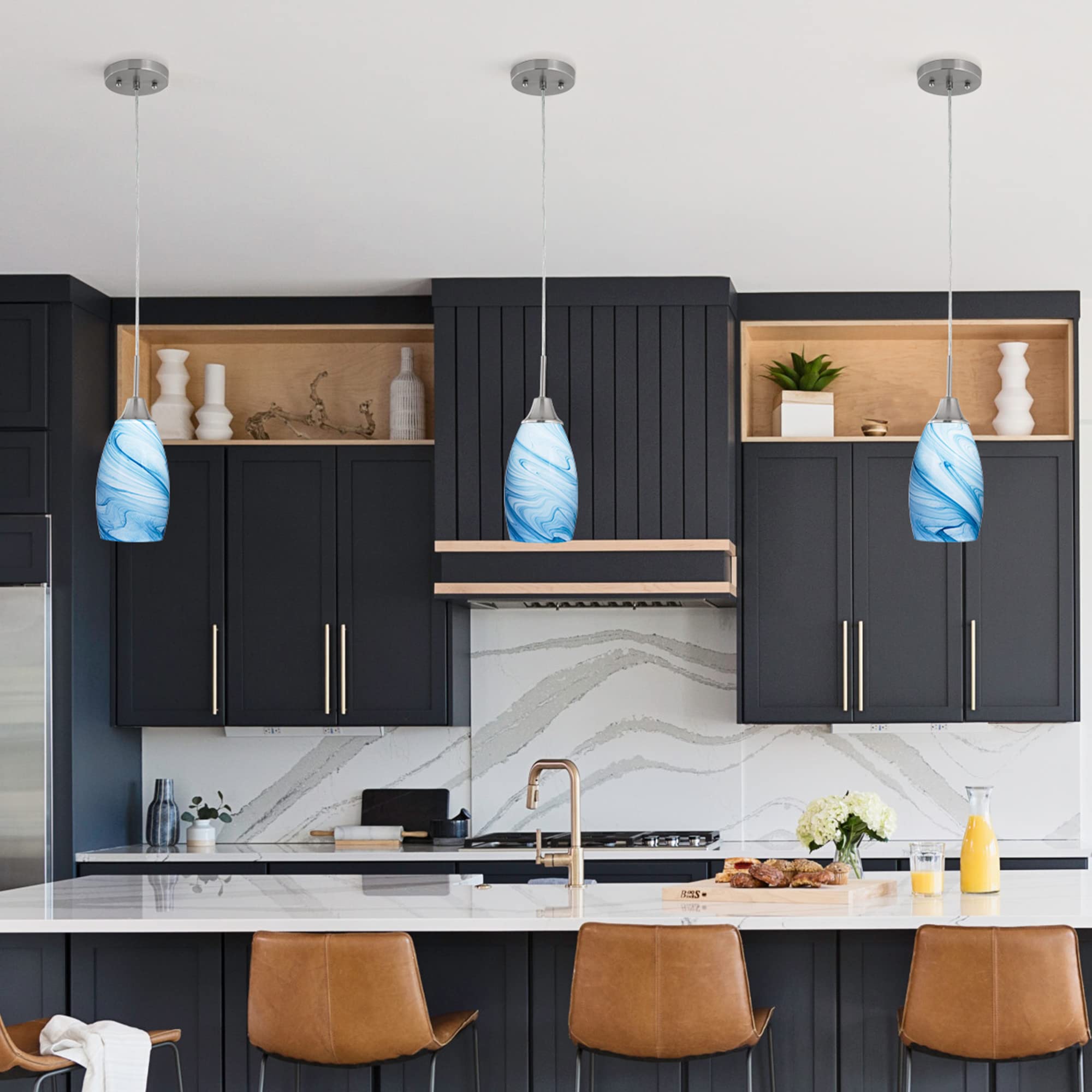 Viinew Mini Glass Pendant Light, Blue Marble Shade, Adjustable Cord, 3 Pack, Brushed Nickel Finish