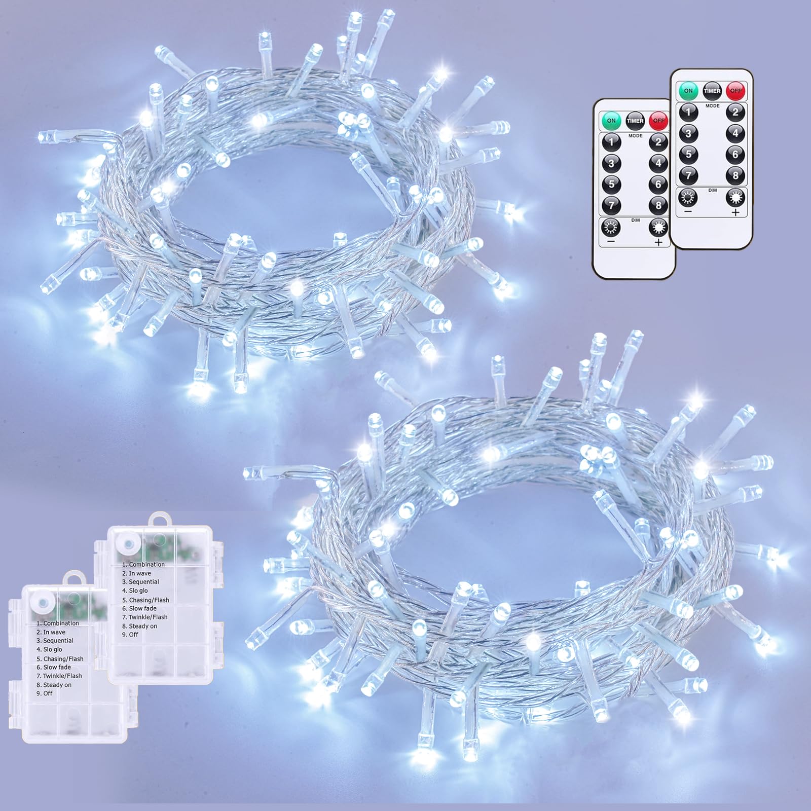 YEGUO Christmas Lights Battery Operated, 2 Pack Each 33ft 100 LED White String Lights Outdoor Waterproof, 8 Modes Clear Wire Fai