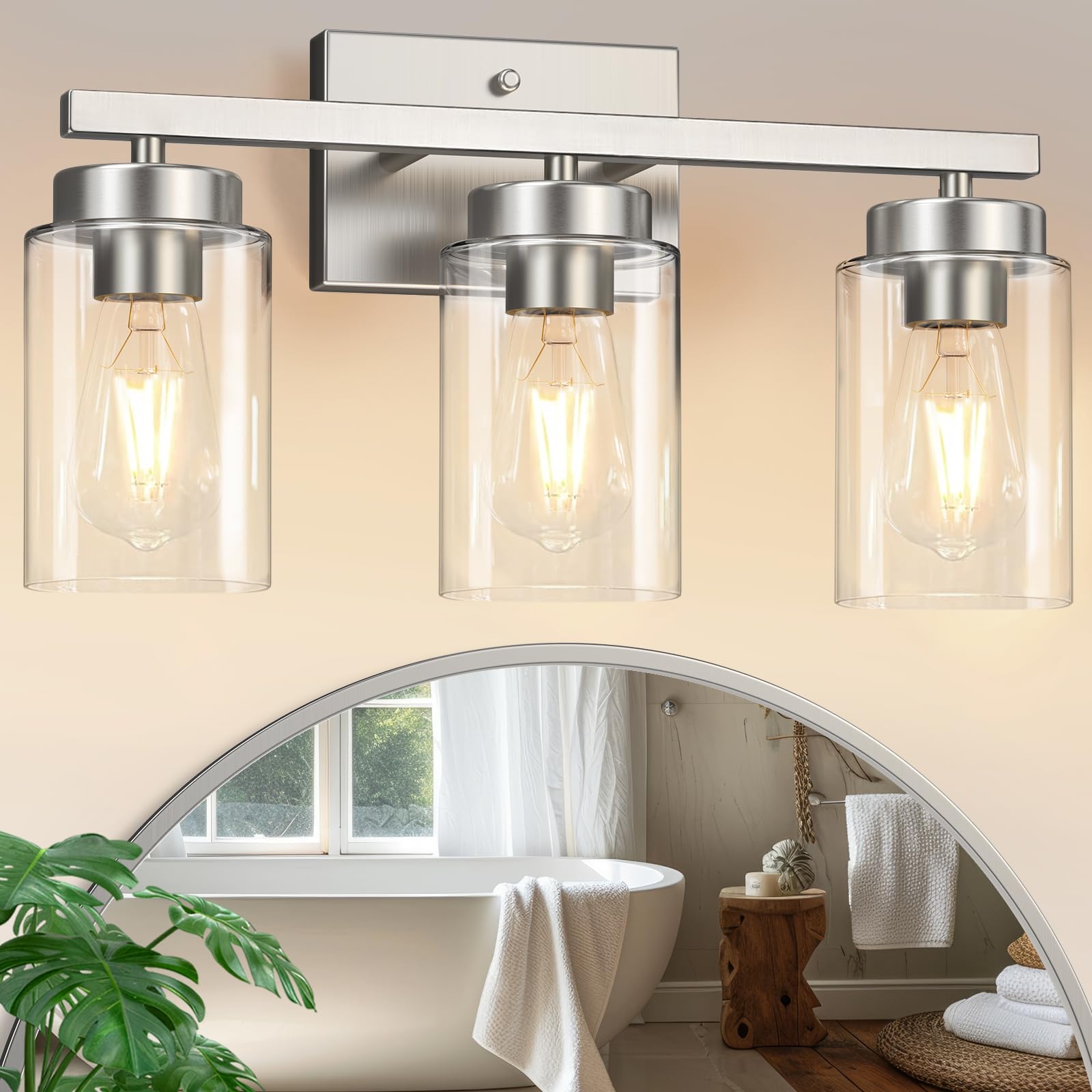 IZORRO Modern Bathroom Light Fixtures, 3 Light Brushed Nickel Vanity Lights, Bathroom Lighting Fixtures Over Mirror with Clear G
