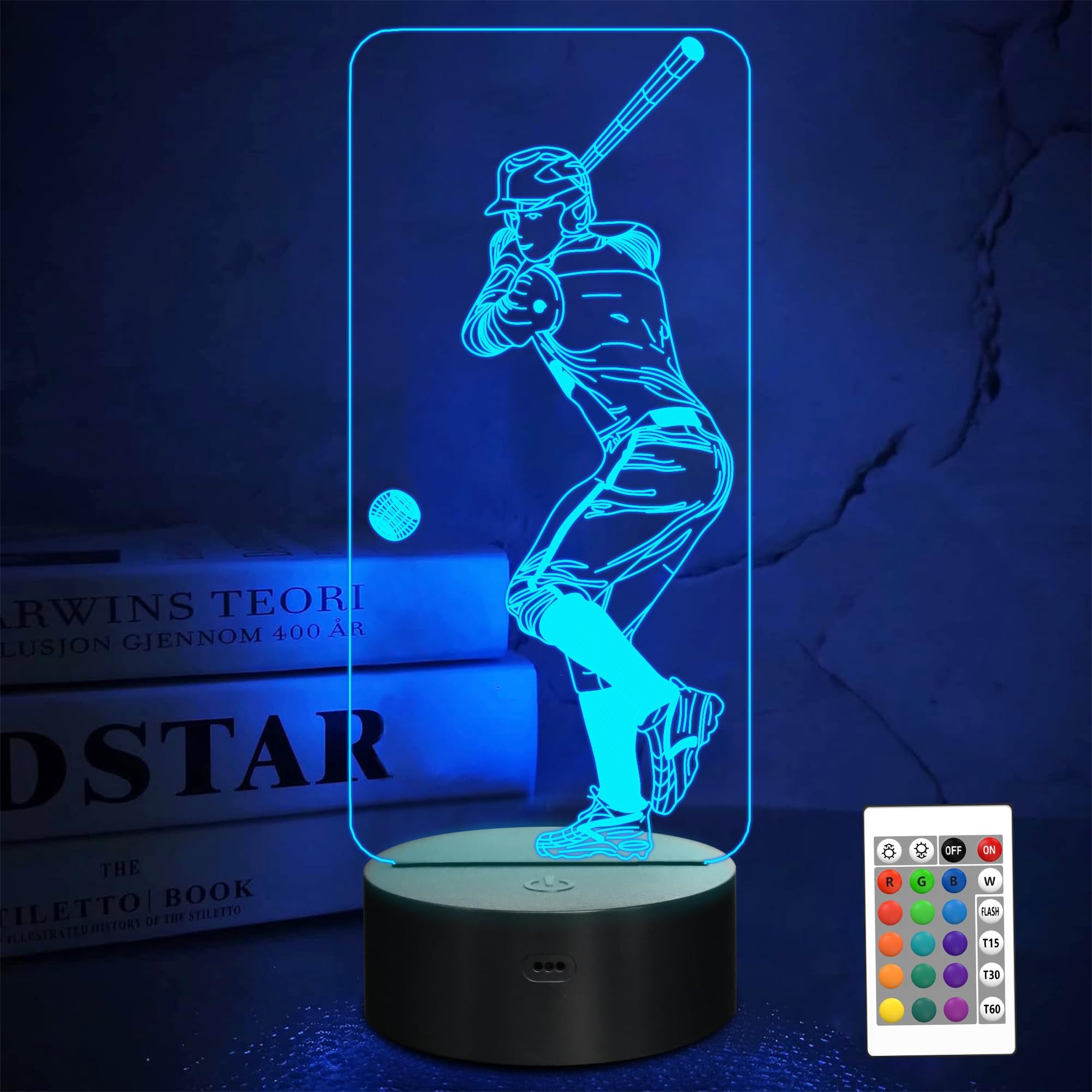 Baseball 3D Night Light - Batter Sport Gift With Remote Control, 16 Color Changing Modes + Dim Function