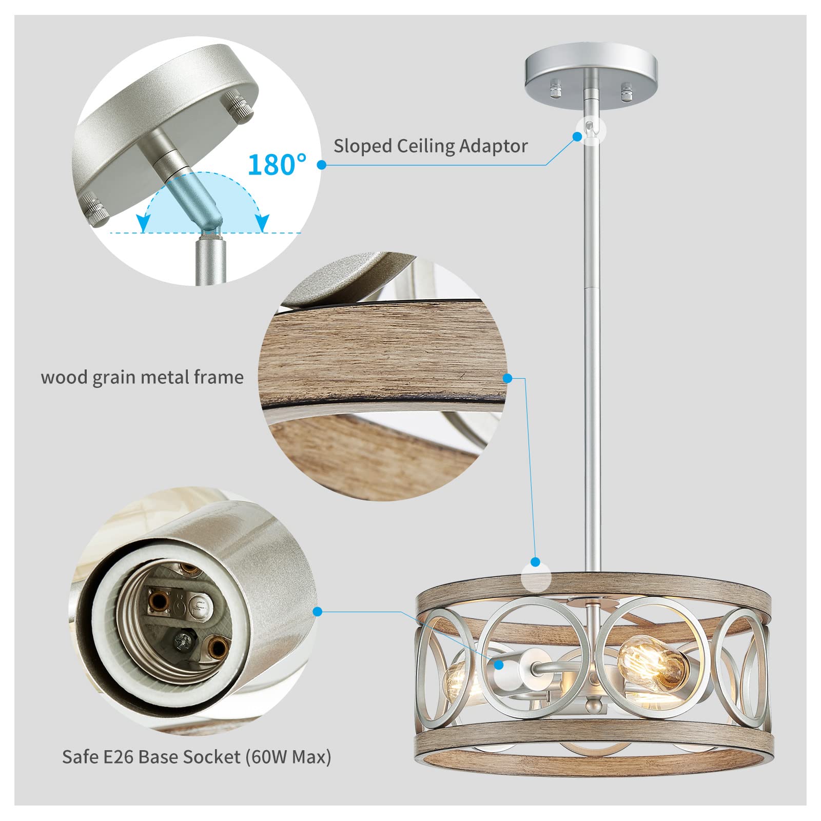 Xingqi Rustic Chandelier Brushed Nickel, Drum Chandeliers For Dining Room Modern Light Fixture Over Table Farmhouse Metal Wood Grain Pendant 5 Lights