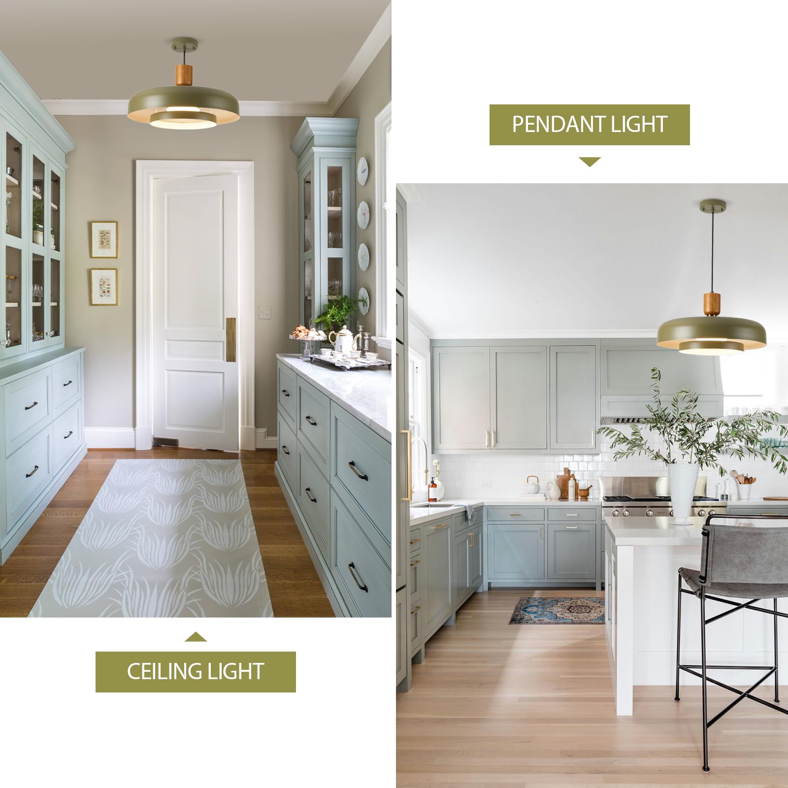 Mid Century Chandelier 19.68 Inch, Natural Wood And Brass Accent,2 Layered Deep Green Shade,Large Pendant Ceiling Lights For Kit