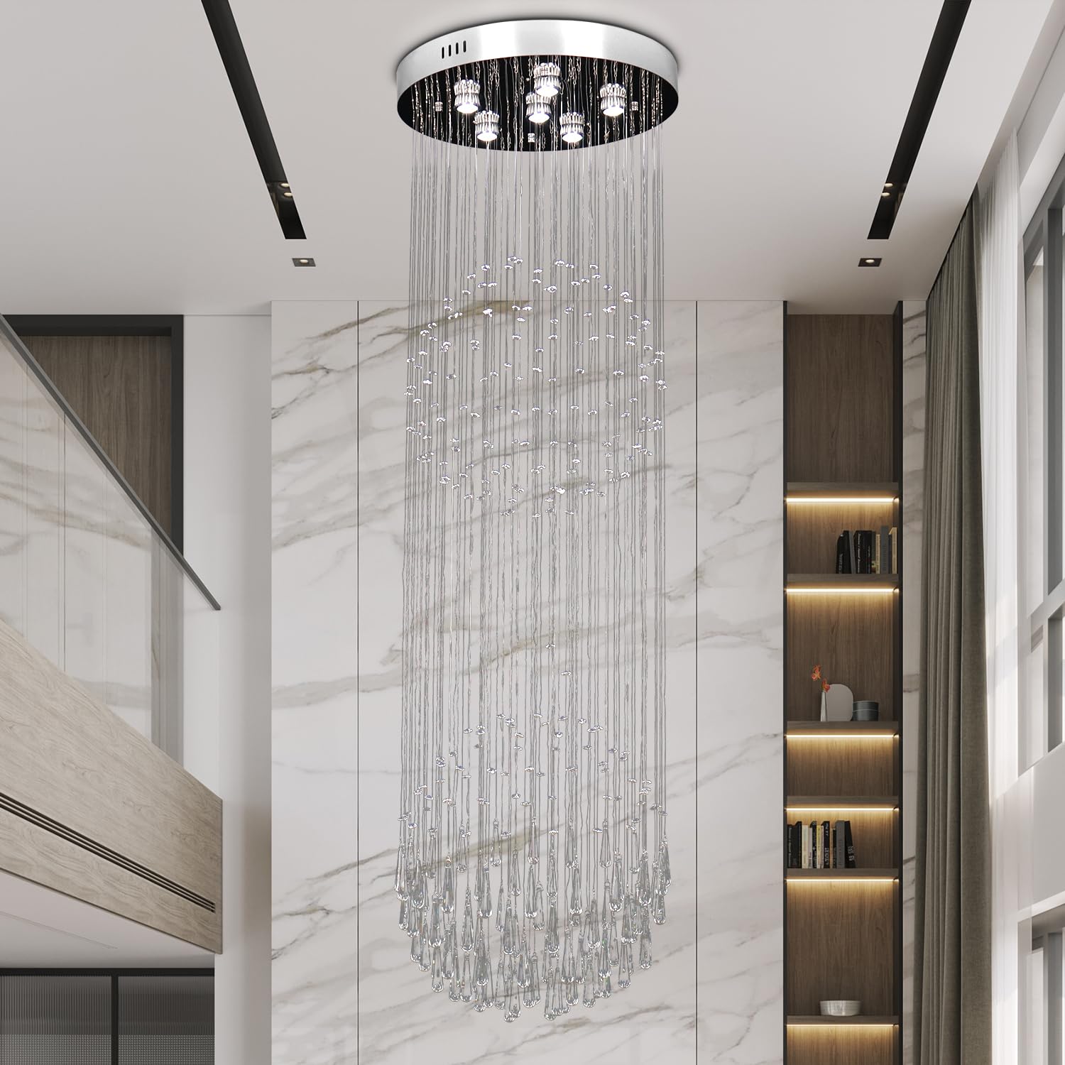 Finktonglan 62.9-in Crystal Chandelier for High Ceilings Raindrop Sphere Chandelier Ceiling Light Pendant Lamp for Stairs, Foyer