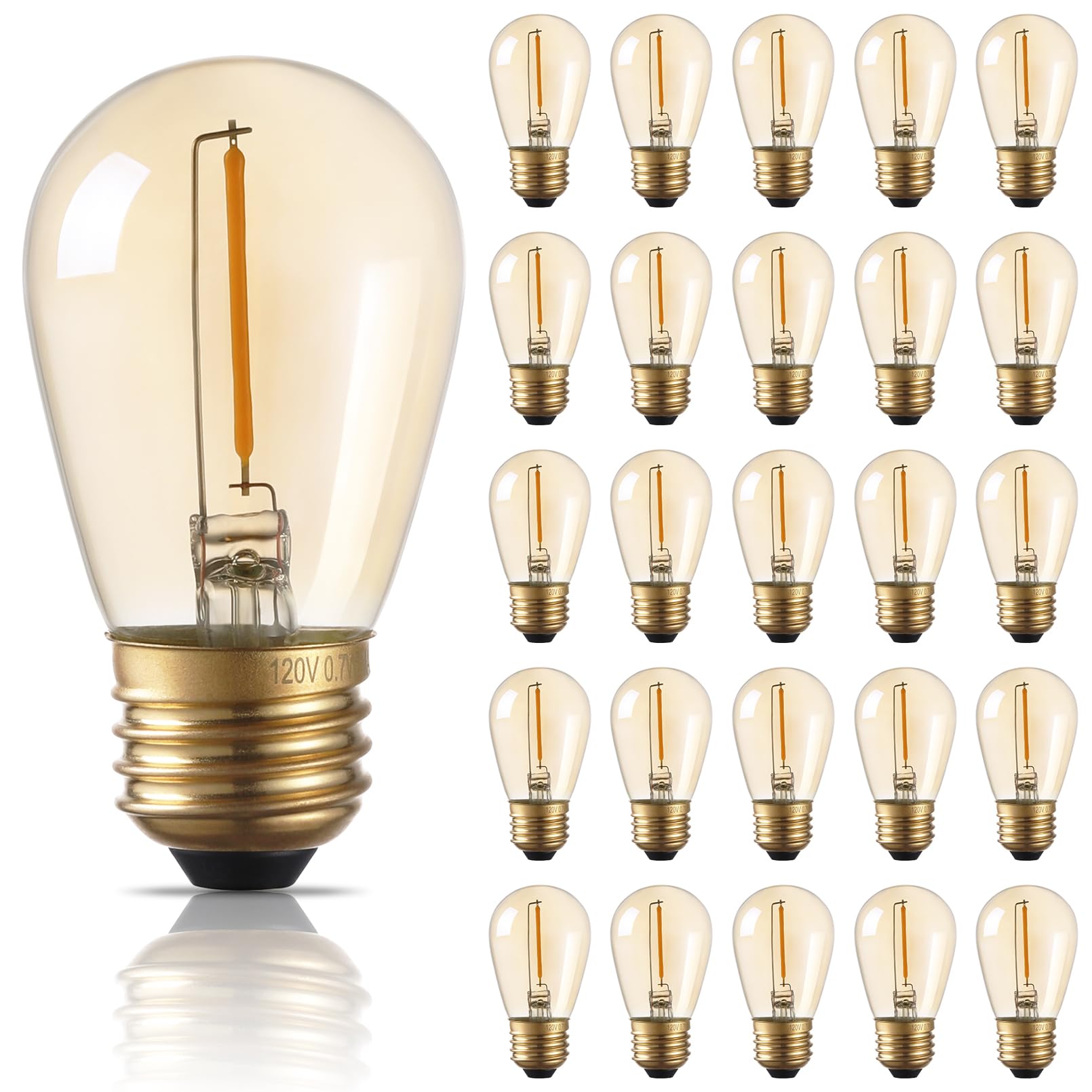 Torchstar 25-Pack S14 Led Bulb, Amber Warm Glass Led Replacement Bulbs, 2200K Amber String Lights, 0.7W E26 Base Led Light Bulbs