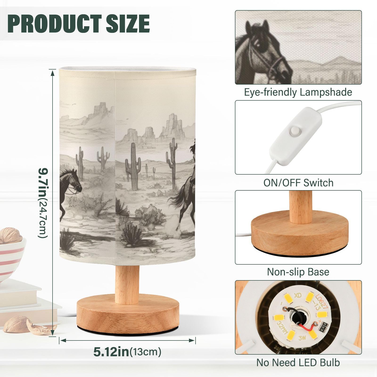 Yegame Western Cowboy Bedside Table Lamp For Bedroom Nightstand, Small Eye Care Led Desk Reading Lamp Usb Port Wood Base Round Flaxen Fabric Shade For For Kids Room Living Room Office Desk