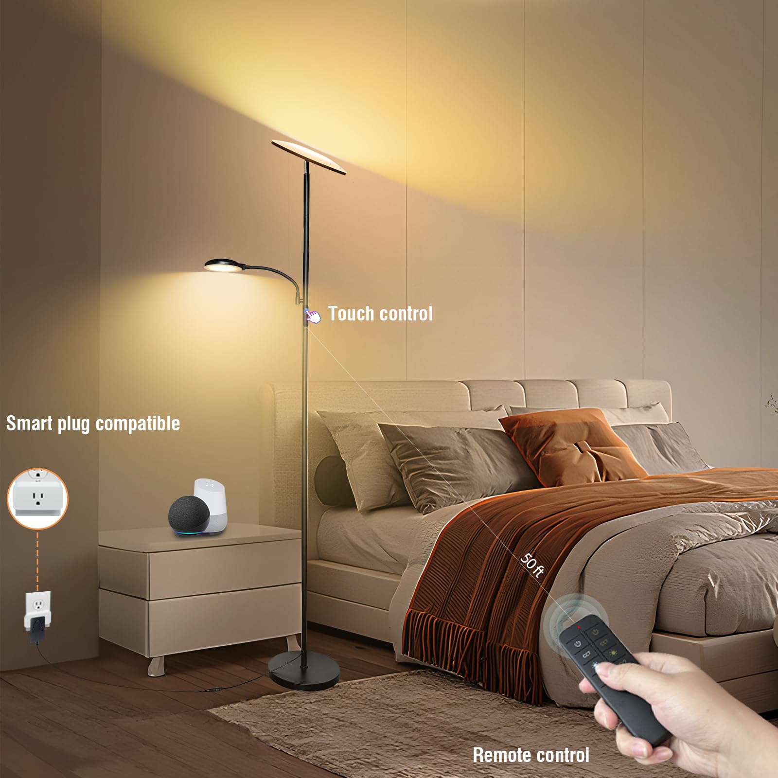 Marctronic 44W Led Floor Lamp, 4500Lm Dimmable Modern Remote Lamp For Living Room & Bedroom