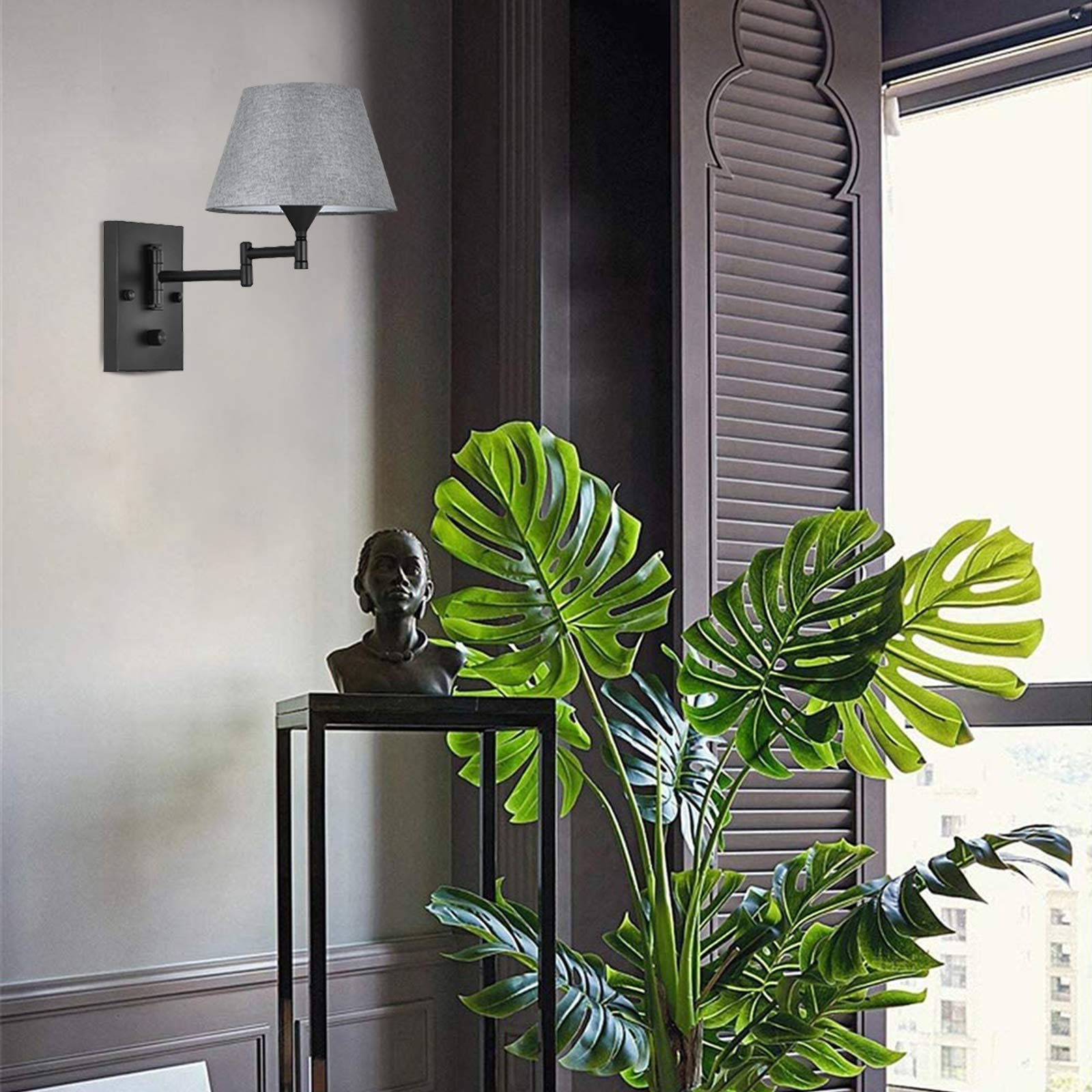 Pauwer Plug In Wall Sconce Set Of 2, Swing Arm Lamp, Gray Fabric Shade, Metal, Ideal For Bedroom, Hallway, Living Room
