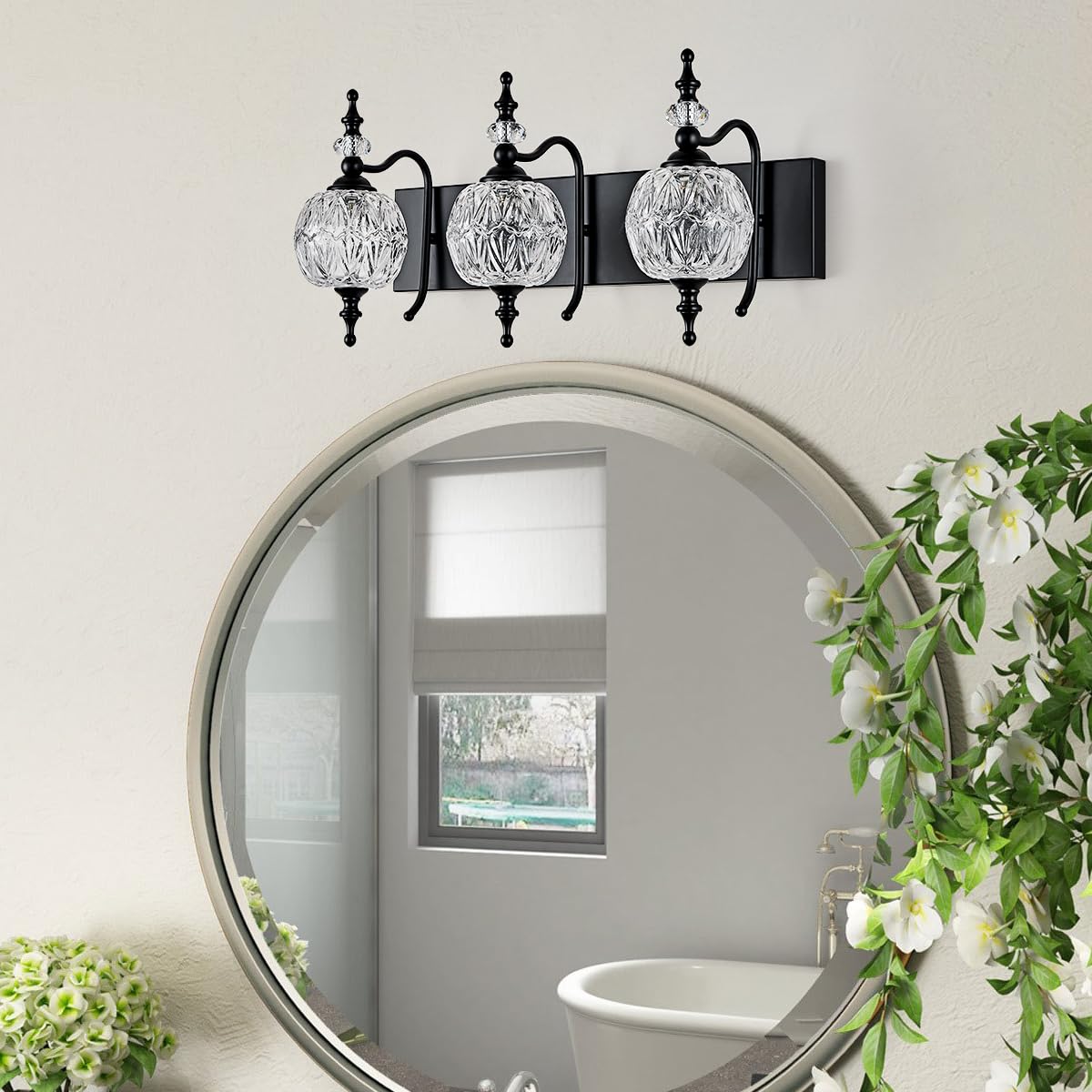 Tlolgt Black 3 Lights Vanity Light Fixtures, Modern Bathroom Lighting With Thick Crystal Glass Shade, Vintage Vanity Light For F