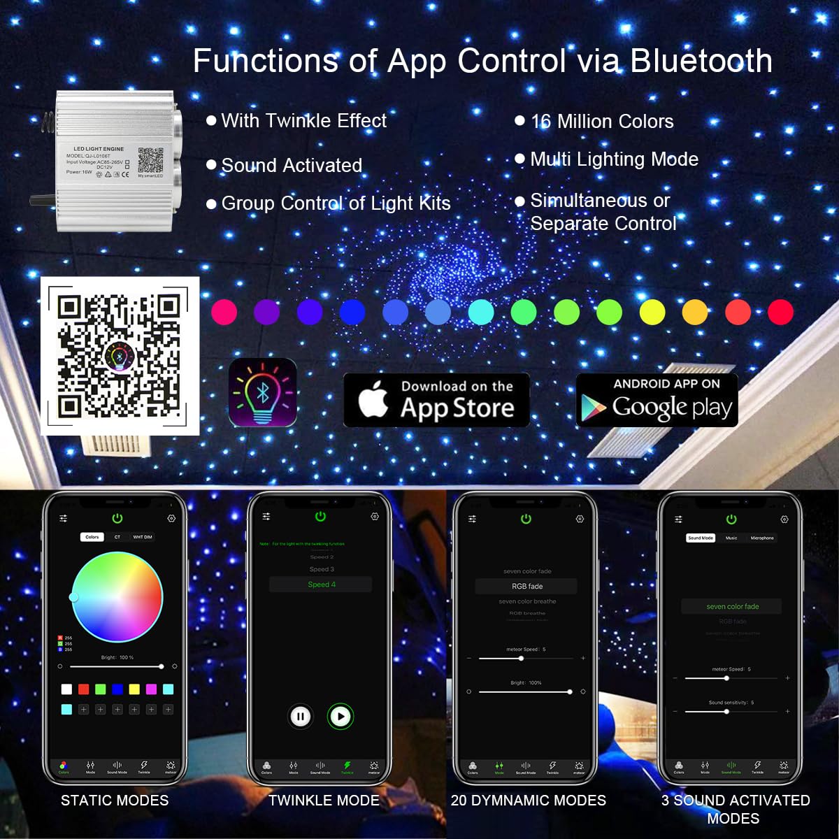 AKEPO 16W Dual-Head Twinkle Fiber Optic Light Engine, APP Control, Music Activated, Pure White, Model QJ-L016T