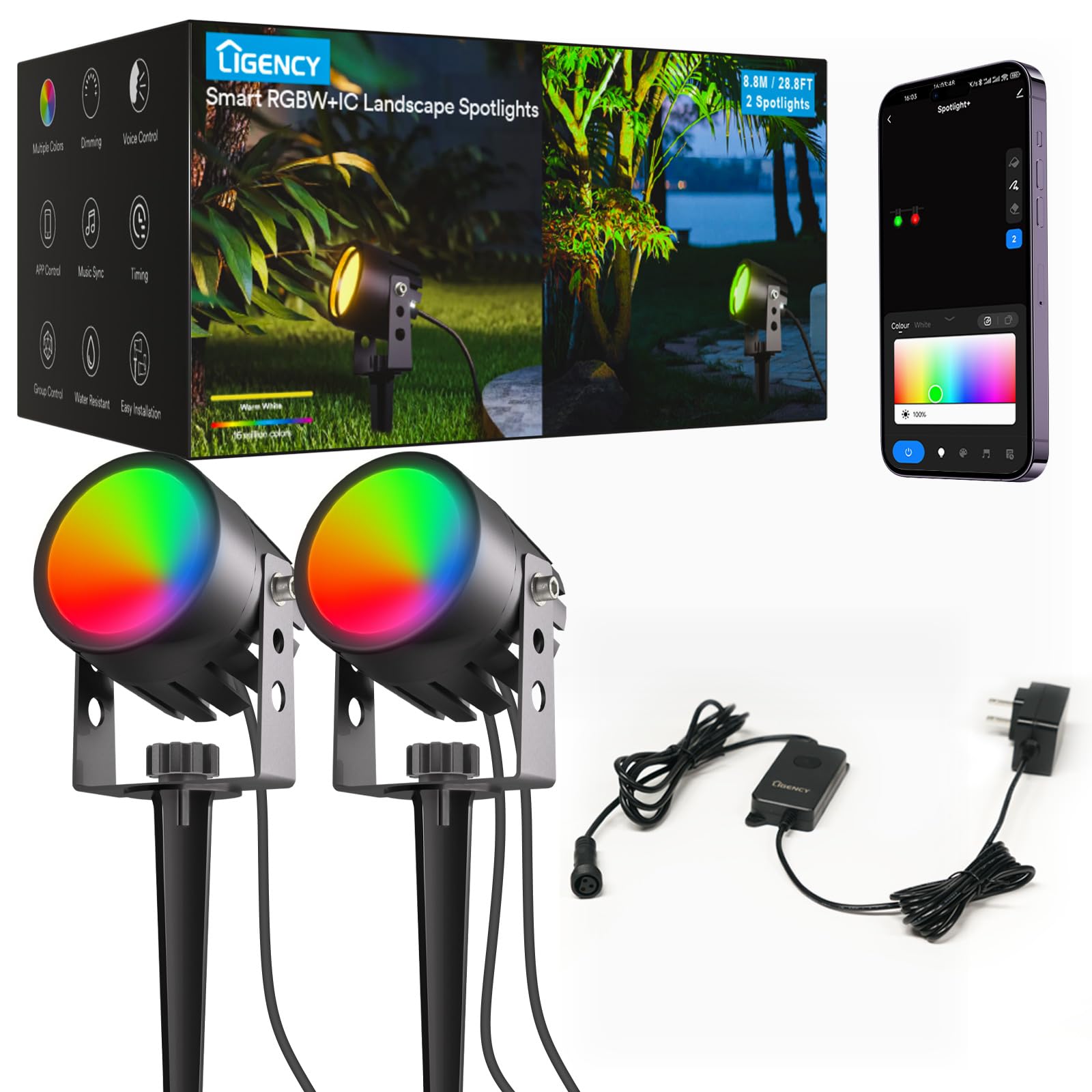 Ligency Smart Outdoor Spot Lights, Waterproof Wired Low Voltage Landscape Lighting, Rgbw Led Accent Spotlights Outside Uplighting For Garden Yard House