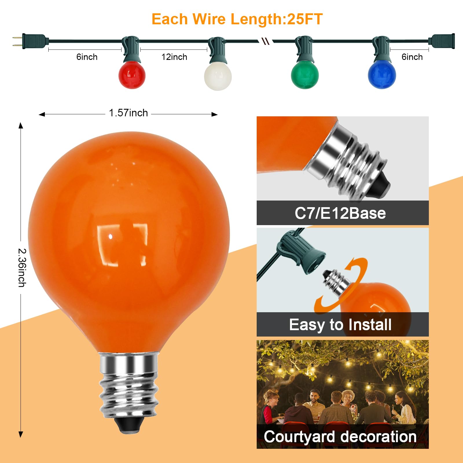 GOOTHY G40 Outdoor Multicolor Christmas Lights, 25FT Patio String Lights with 27 Ceramic Bulbs, Holiday Decor
