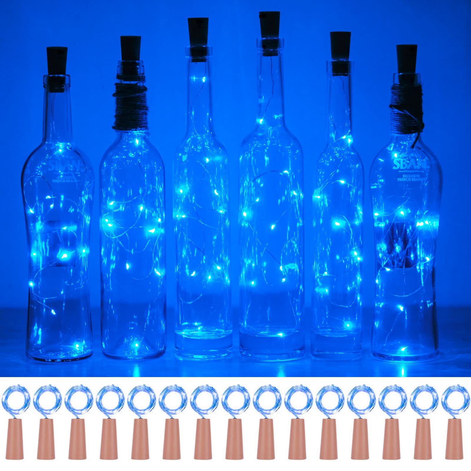 SmilingTown Wine Bottle Cork Lights 15 Pack 10 LED Mini String Lights 40 Inches Battery Operated Copper Wire Blue