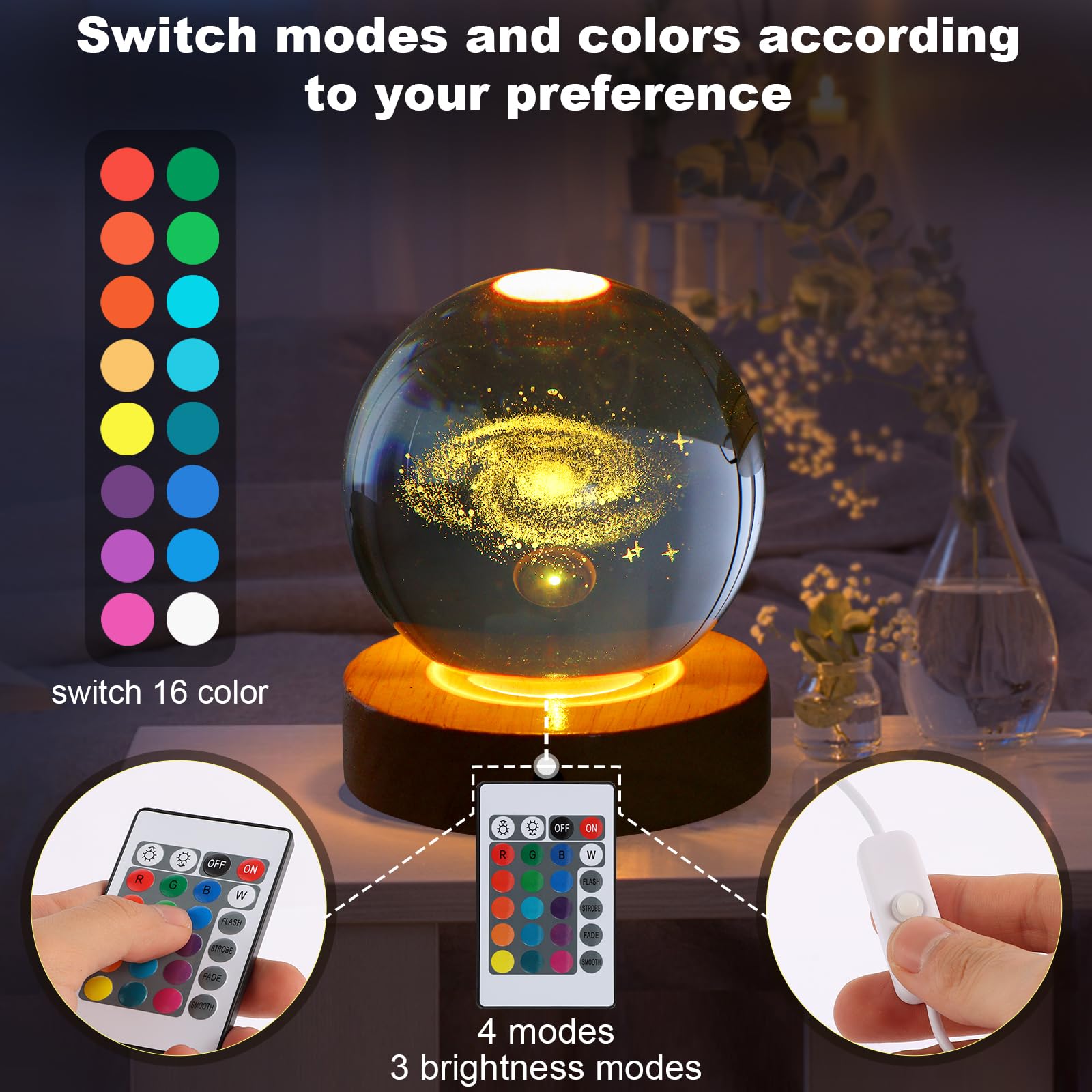 youglatt Galaxy Night Light Lamp, 3D Crystal Ball, 16 Color LED, Remote Control, Space Theme Decor, Transparent Color, Model A6