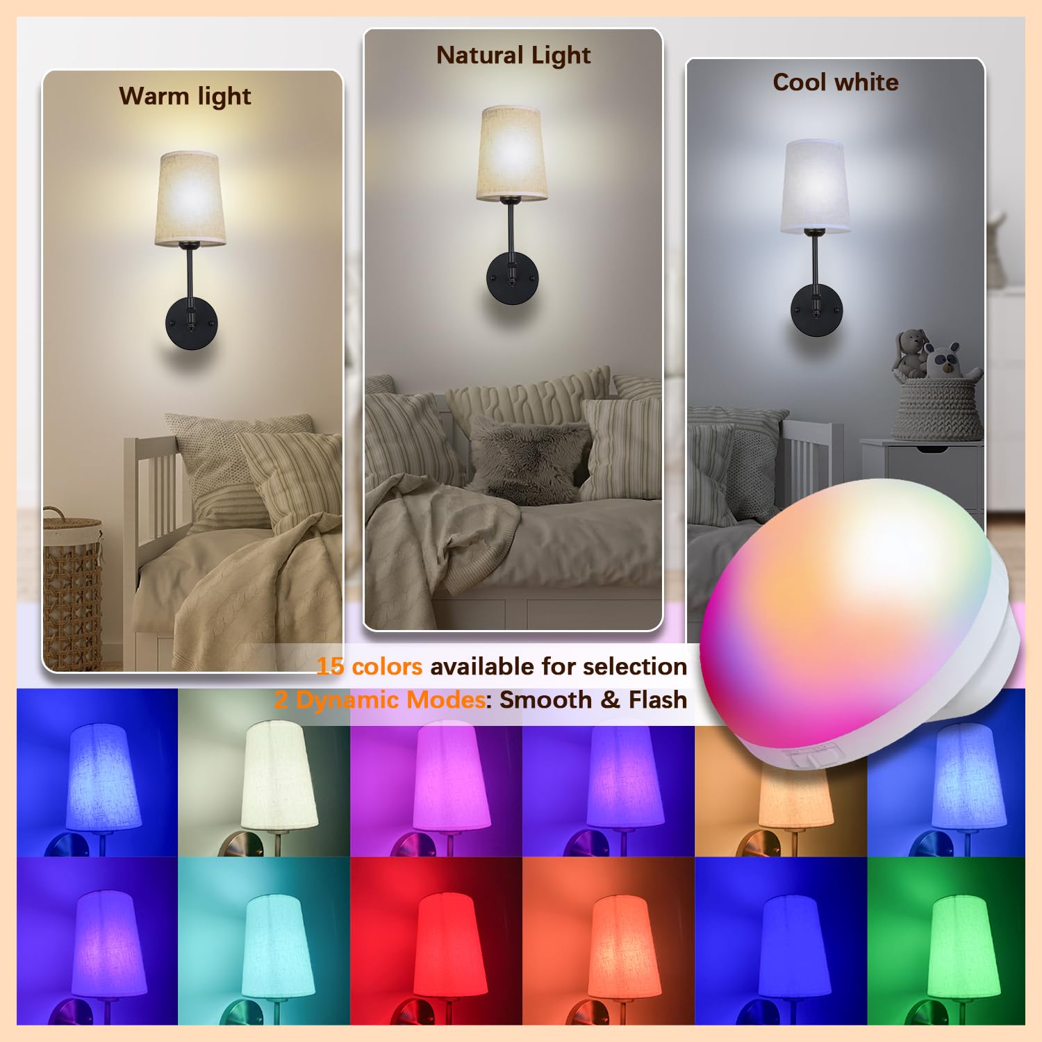 Troconce Battery Operated Wall Sconces Set Of 2, Black Rechargeable Wall Lights With 15 Rgb Dimmable Detachable Bulbs And Remote