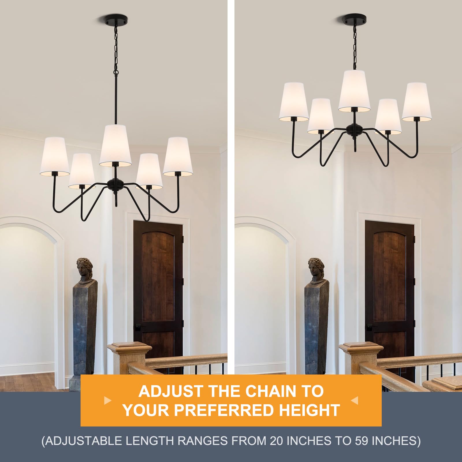 Jsdorsy Chandeliers For Dining Room  Modern Pendant Light Fixture Over Table With White Shade Classic Ceiling Hanging Lighting For Living Room Hallway Bedroom  5-Arm  30 Dia  Height Adjustable