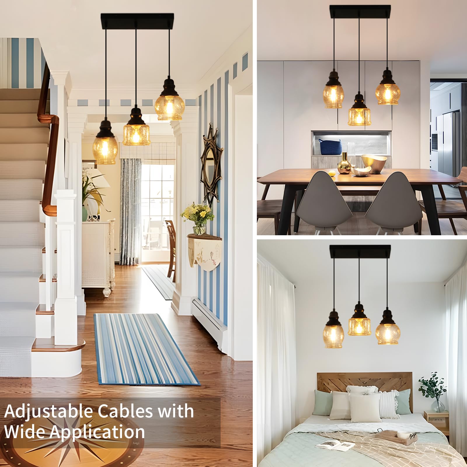 Wilon Industrial Pendant Lighting, Pendant Lights For Kitchen Island 3 Light Glass Pendant Light Fixture With Seeded Glass Shade