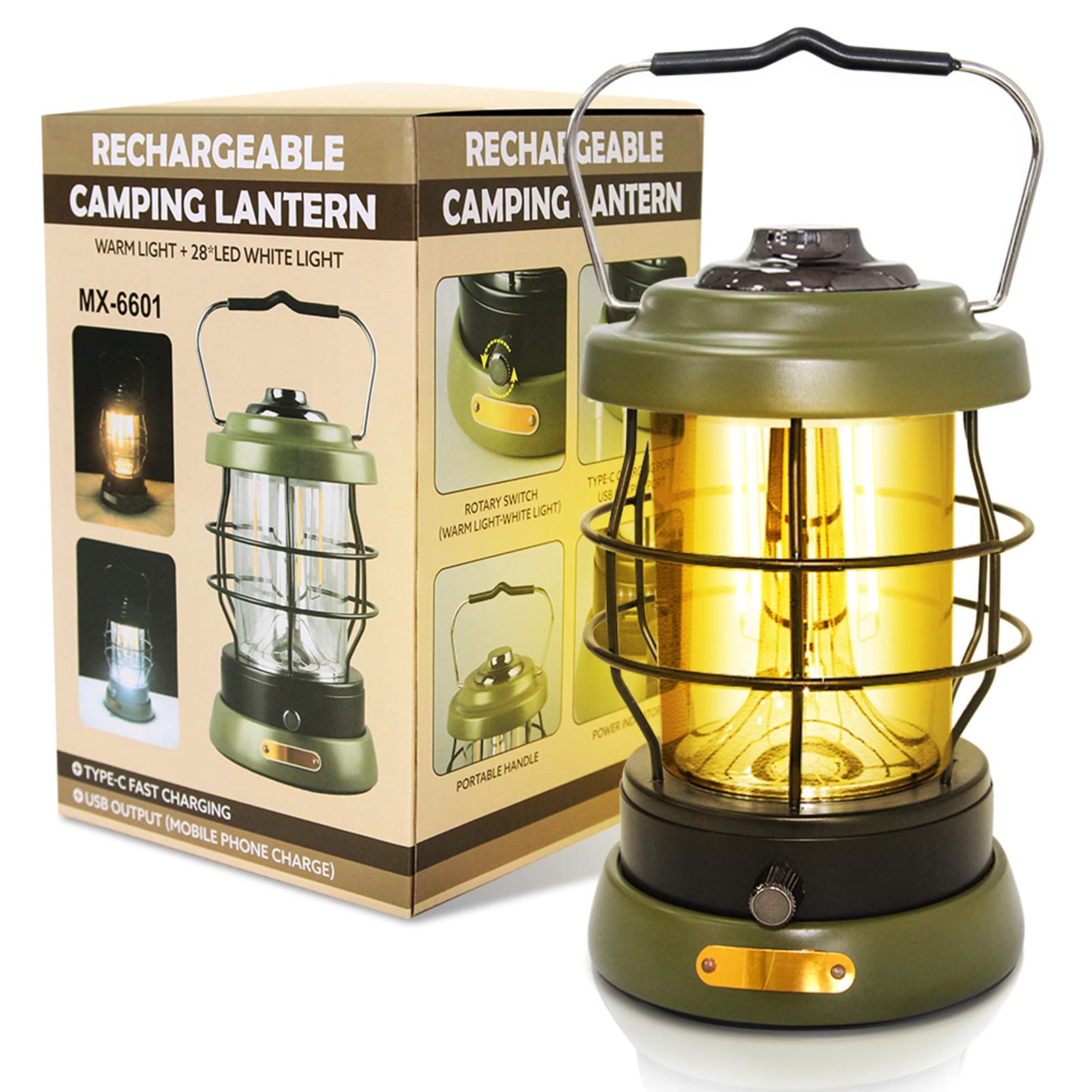 UniqueFire Rechargeable Camping Lantern, 1500 Lumens, 2 Modes, 4x8in, Green, Model: UniqueFire