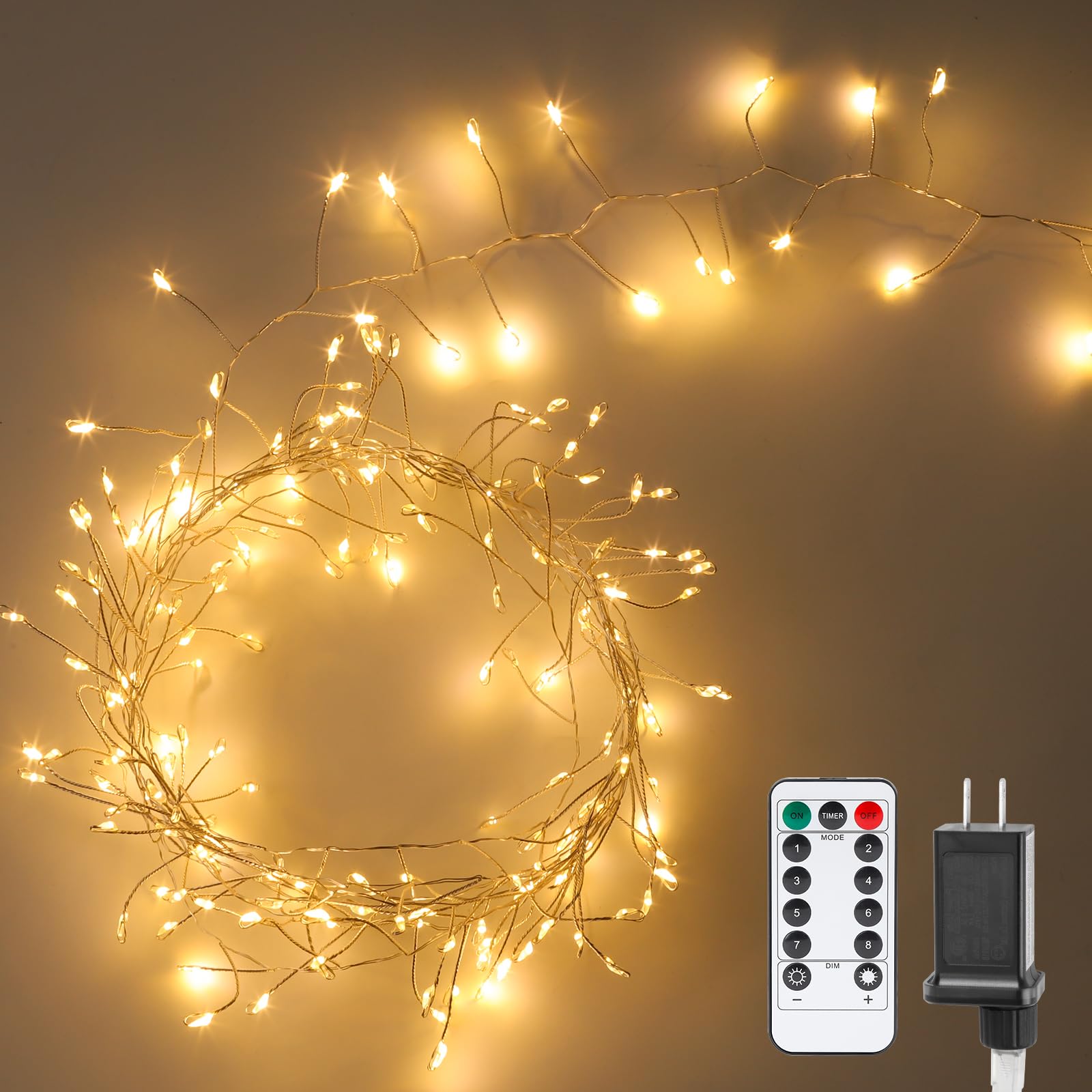 Clearzen Fairy Lights 10 Feet 200 LEDs Cluster Lights Waterproof Firecracker String Light UL Plug Power Supply with Remote 8 Lig