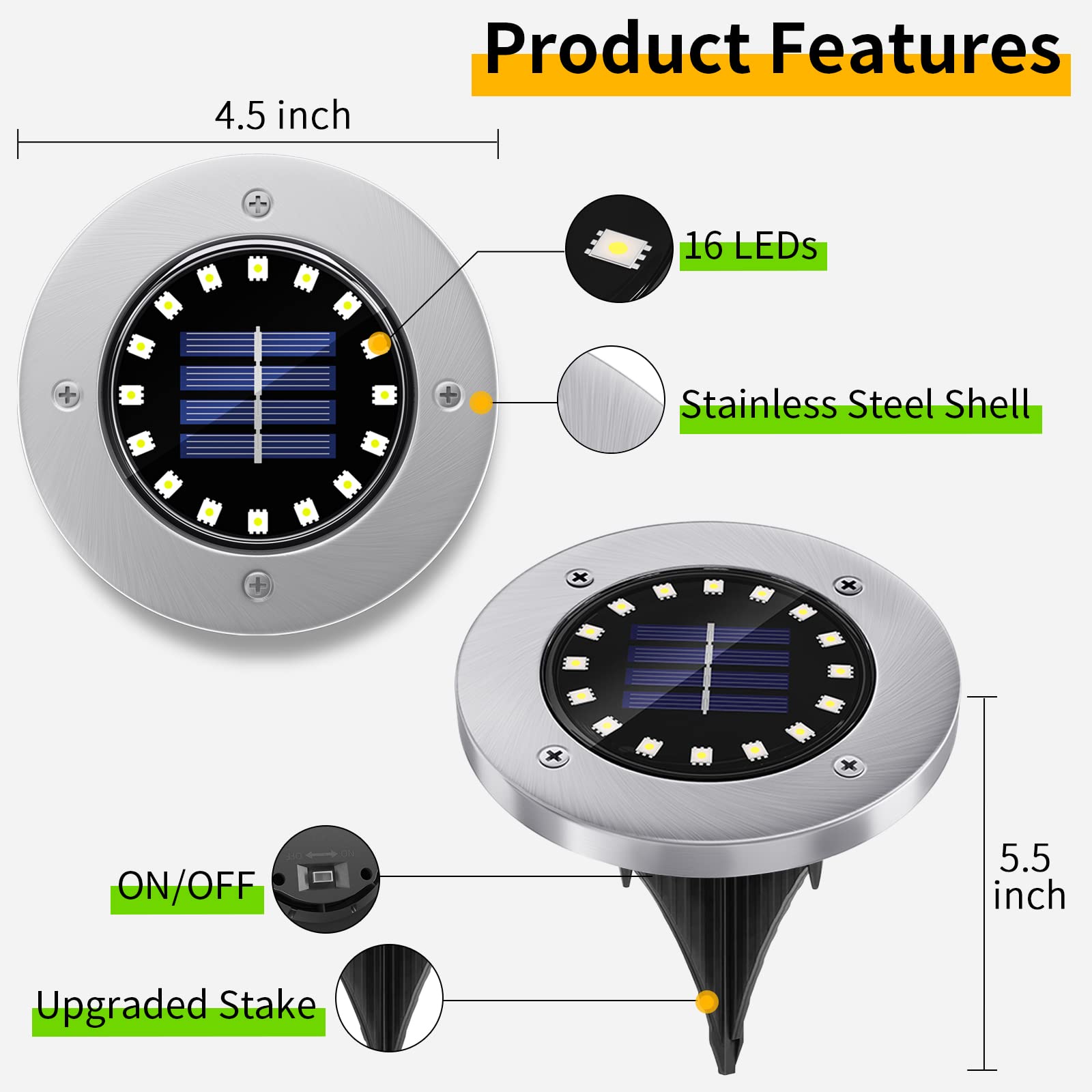 Nfesolar Solar Ground Lights - 16 Led Waterproof Disk Lights, 8 Pack, White For Pathway, Garden, Yard, Lawn, Driveway