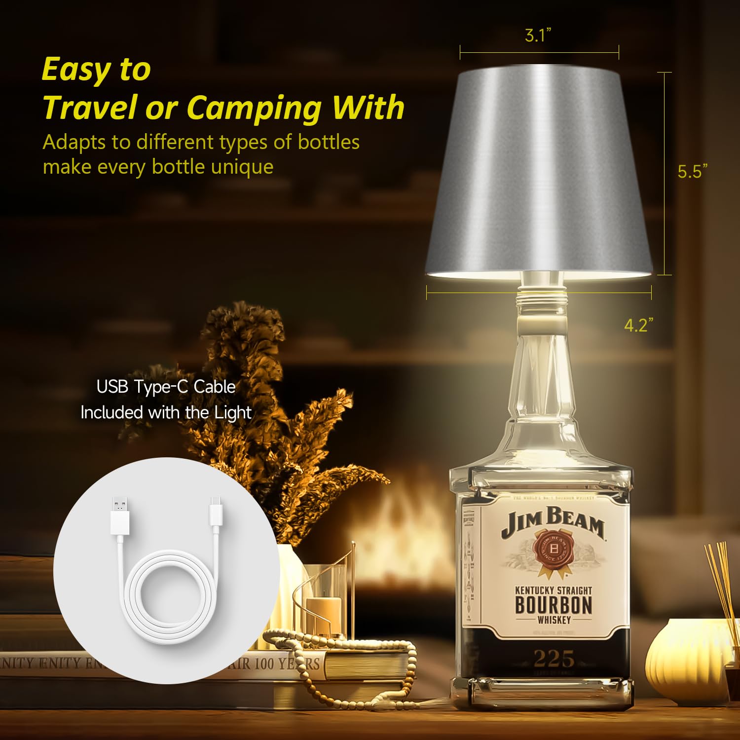 Hoide Wireless Bottle Lamp - LED Touch-Dimmable Night Light Kit, 5.7in, Silver