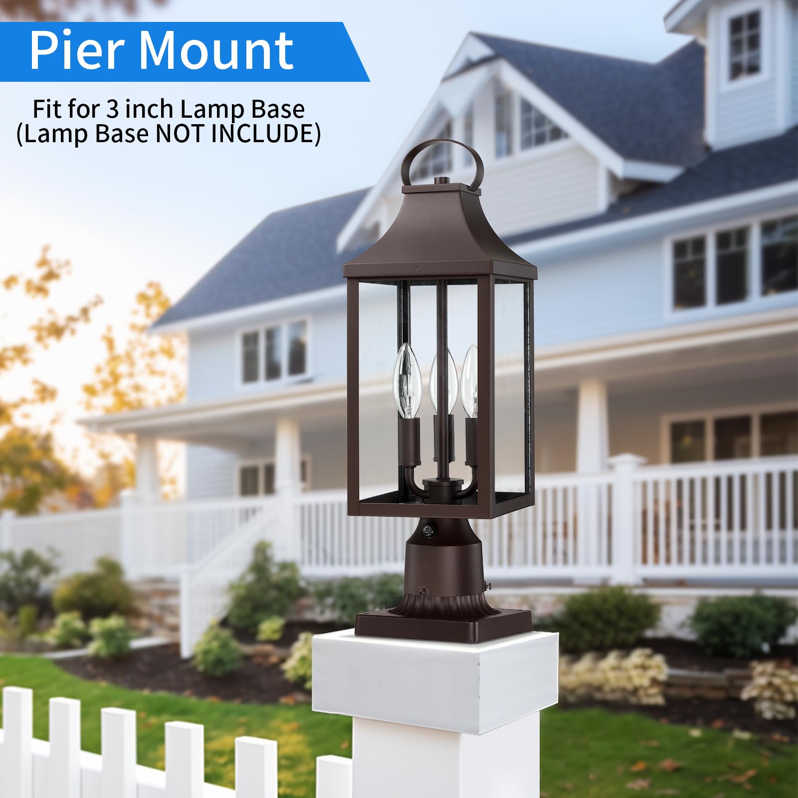 MYHXQ 3-Light Post Light Fixture, Waterproof Aluminum Outdoor Lantern, 18.62in , Brown, Model PL104A-BW, With Sensor