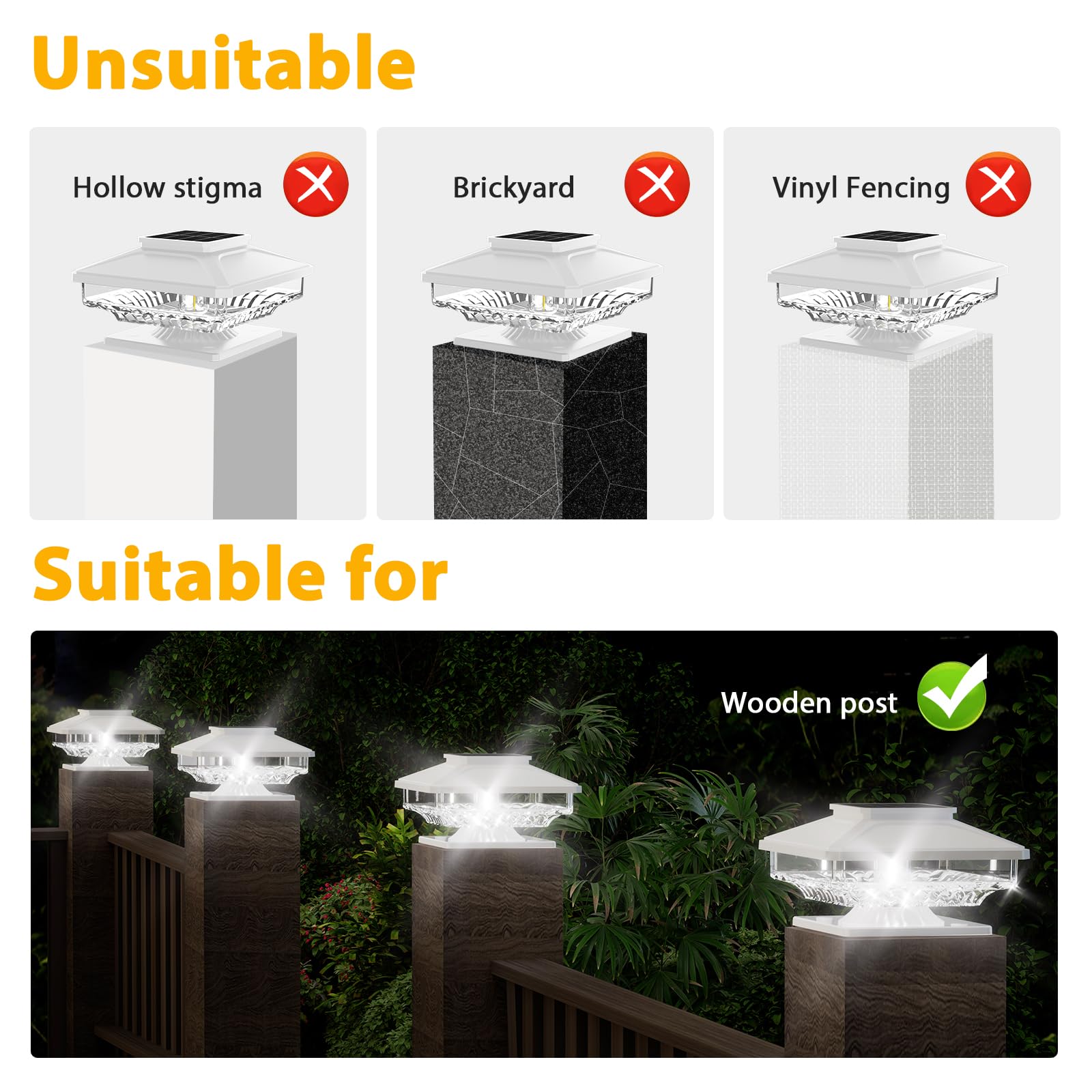 High Brightness 6 Pack Post Solar Lights,[Not Hollow Post],Ip65 Waterproof 4X4 Solar Post Cap Lights, Deck Post Cap Lights,Fit 4X4 5X5 6X6 Wooden Posts For Garden Patio Fence Deck Decor White