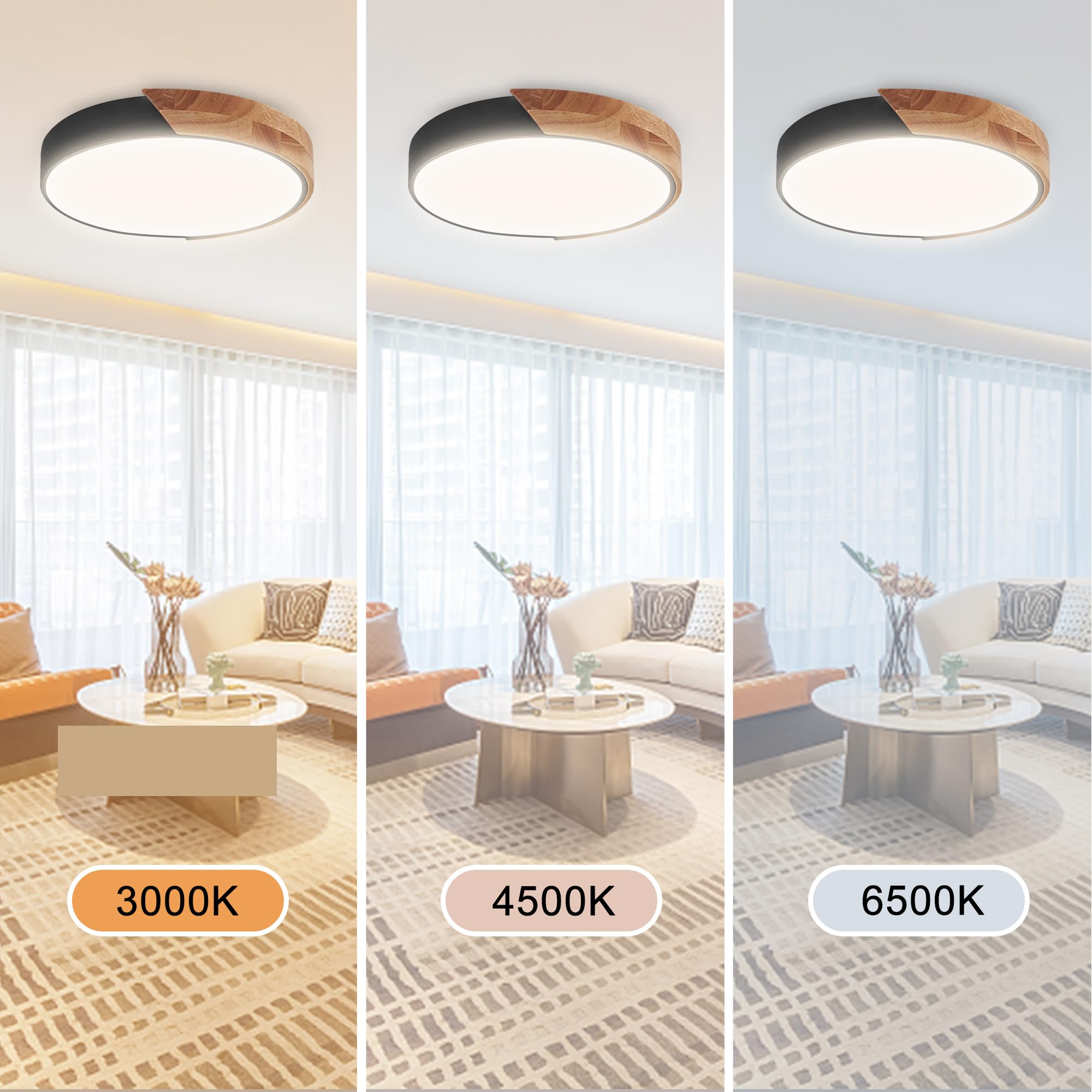 Wood Led Flush Mount Ceiling Light  3Cct 3000K-6500K Modern Black Close To Ceiling Lighting Fixtures  Minimalist Round Ceiling Light For Bedroom  Kitchen  Hallway  Laundry Room  Not Dimmable