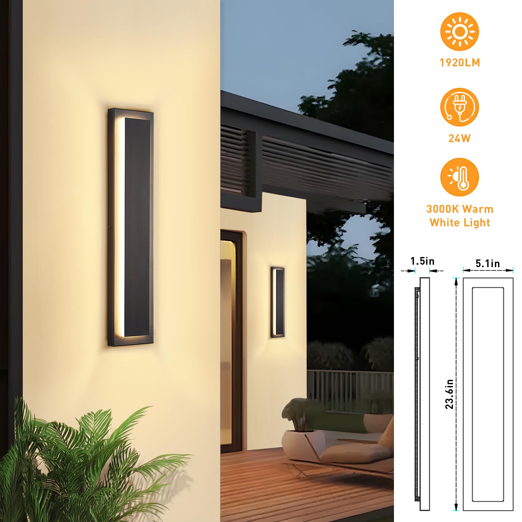 ZSMAIKU 24" Outdoor Sconce Light, Black Iron Waterproof Wall Fixture, Modern Design, Model MK-108-600WHSH-1