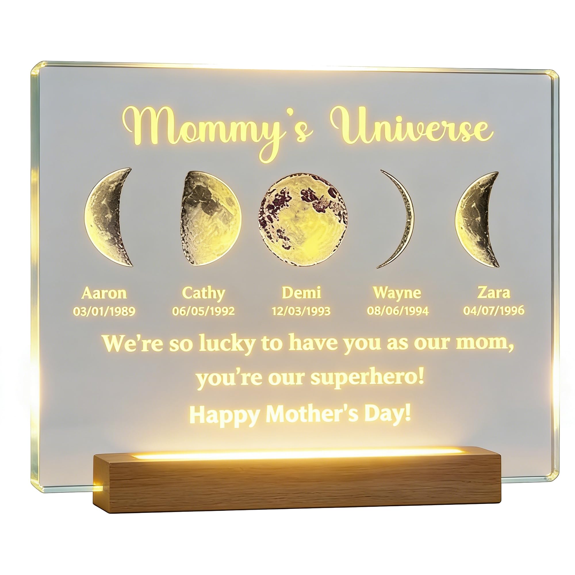 ROSLILY Personalized Moon Phase Frame with Night Light, Custom Mothers Day Moon Phase Gift for Mom with Name & Date, Moms Sky L