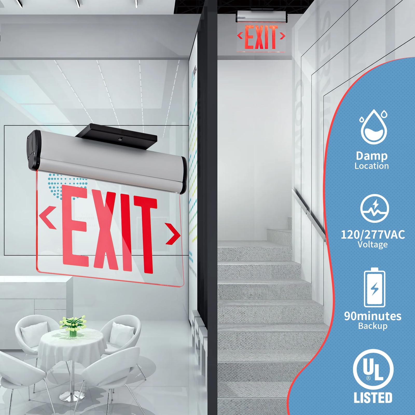 TANLUX LED Edge Lit Red Exit Sign, UL 924, Hardwired with Battery Backup, Aluminum Housing, 1 Pack