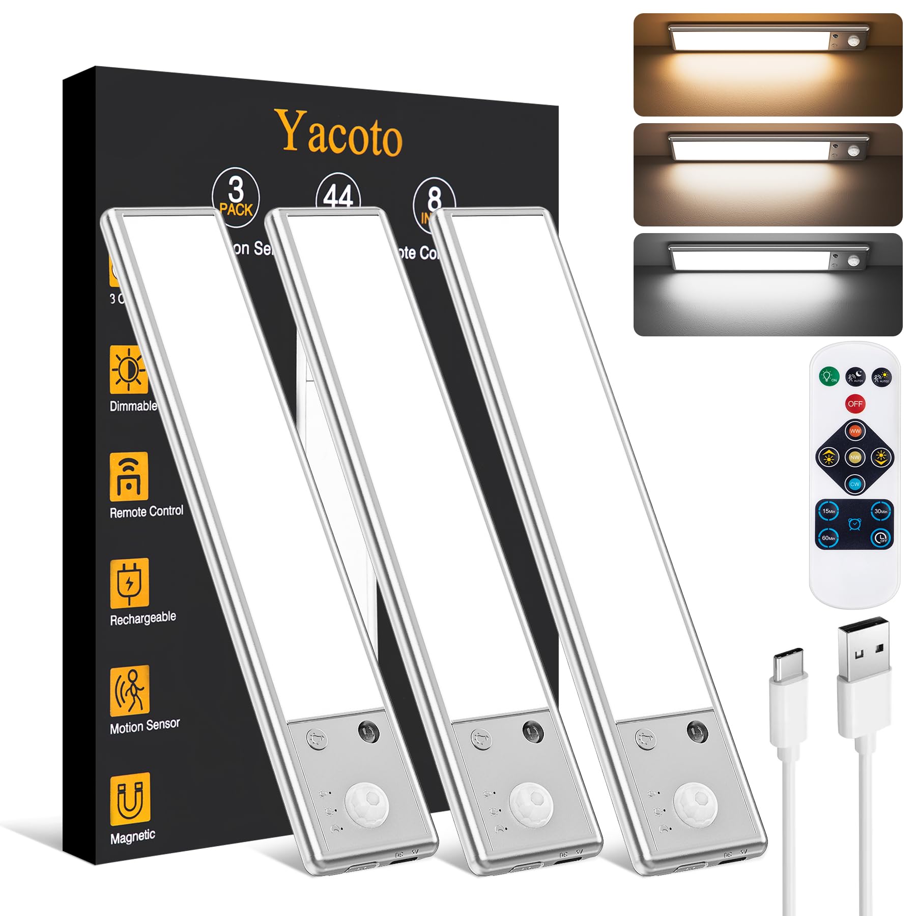 Yacoto Under Cabinet Lighting, 44 LED Motion Sensor, 8 Inch, Rechargeable, Silver, Model DJ-024-2