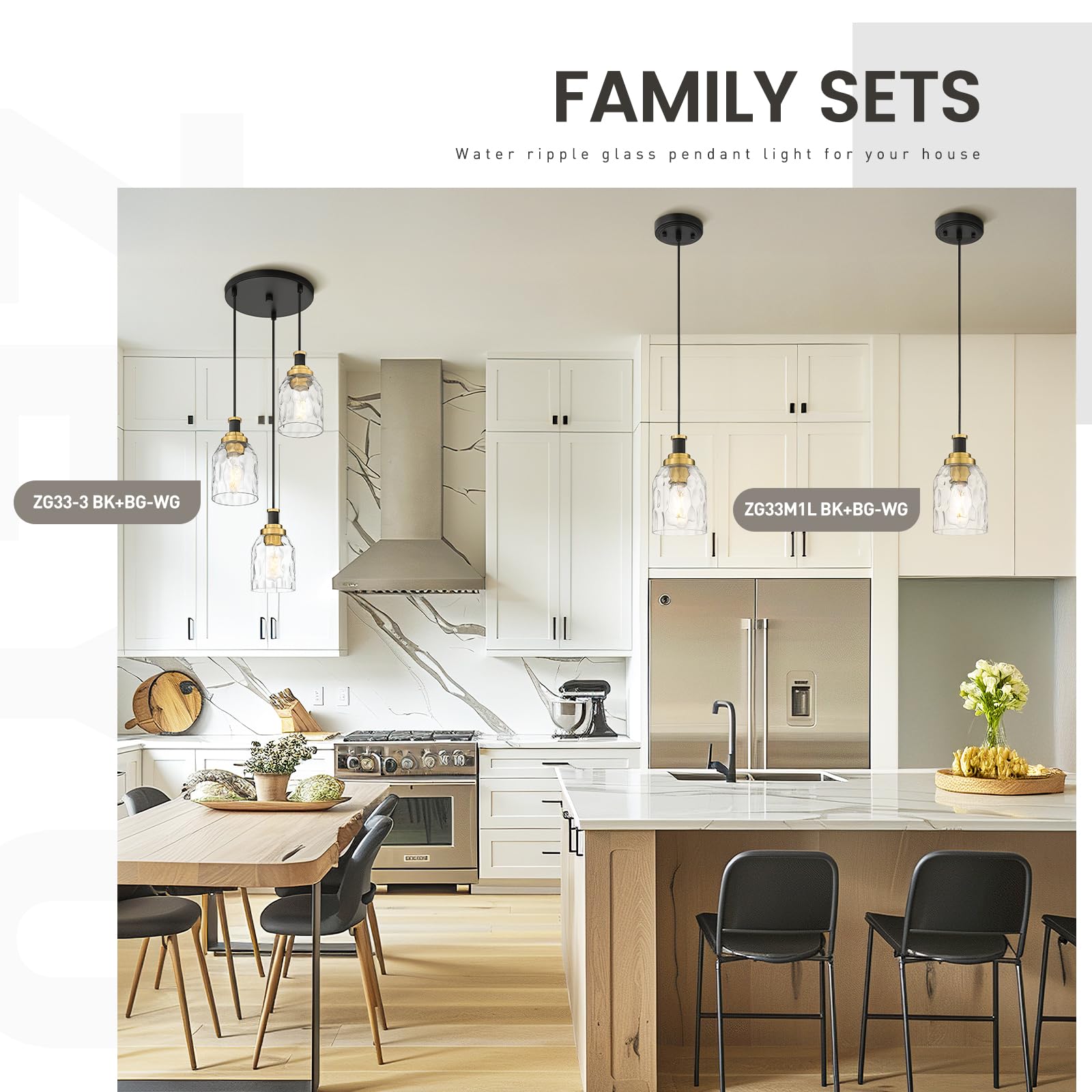 Zeyu Adjustable Modern Cluster Pendant Light For Kitchen Island, 3-Light Pendant Lighting, Black And Gold Finish With Water Ripp