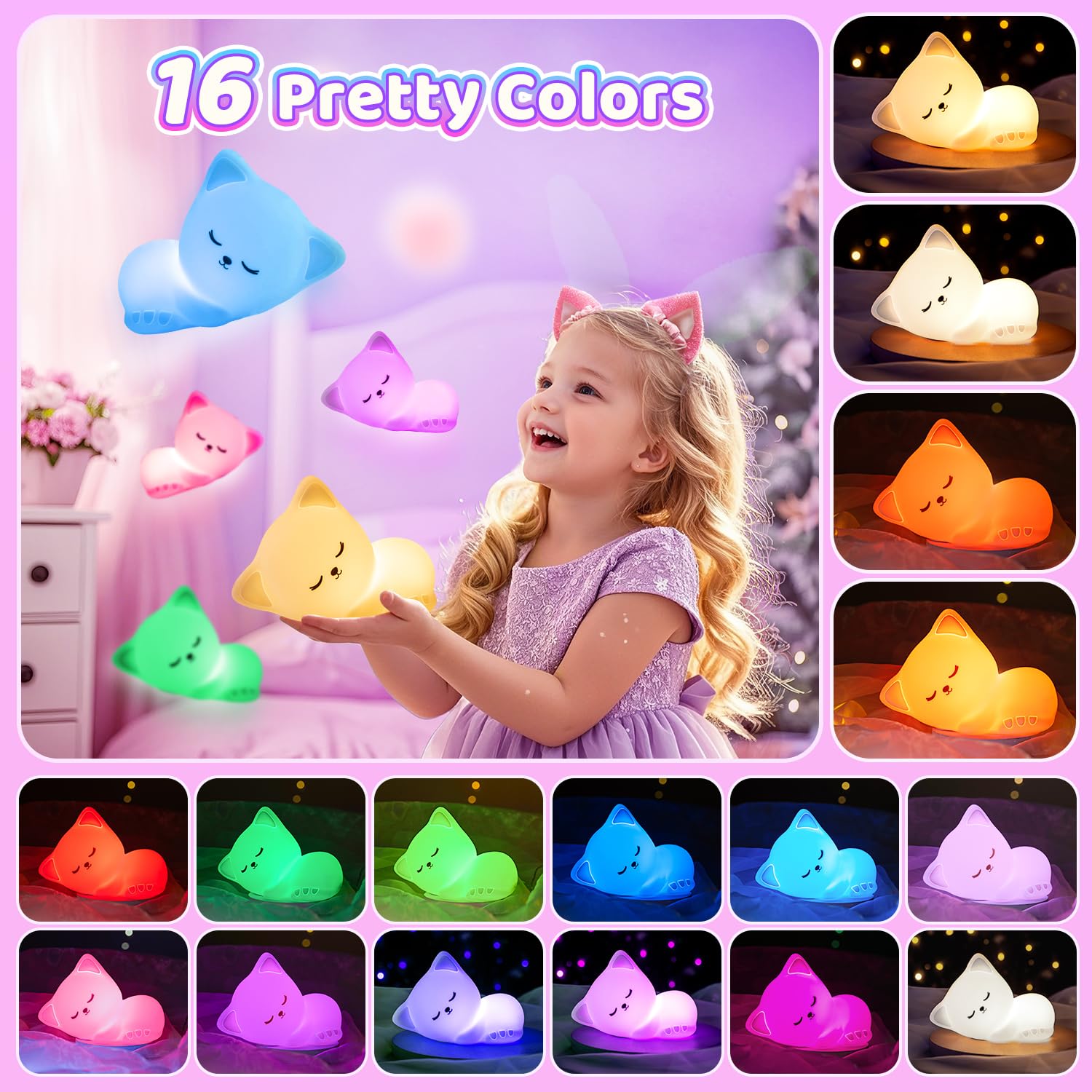 Mubarek Cat Night Light for Kids, Dimmable 16 Colors, Rechargeable, Soft Silicone, Small Size