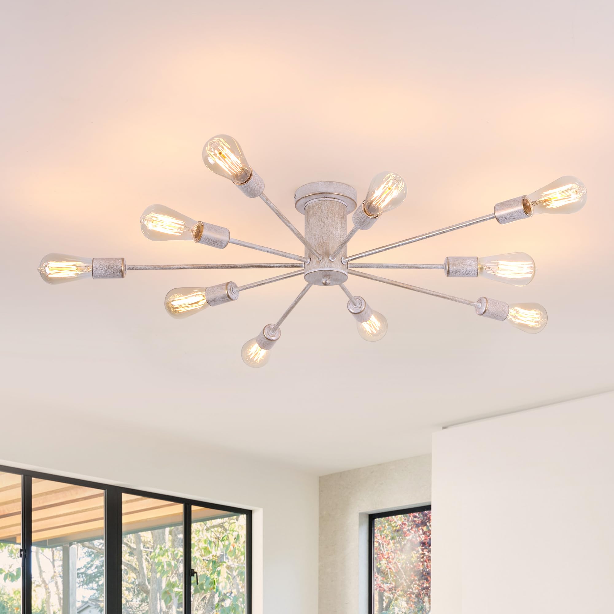 Garwarm Modern Sputnik Chandelier Ceiling Light Fixtures,10-Lights Mid Century Industrial Metal Semi Flush Mount Ceiling Lights 