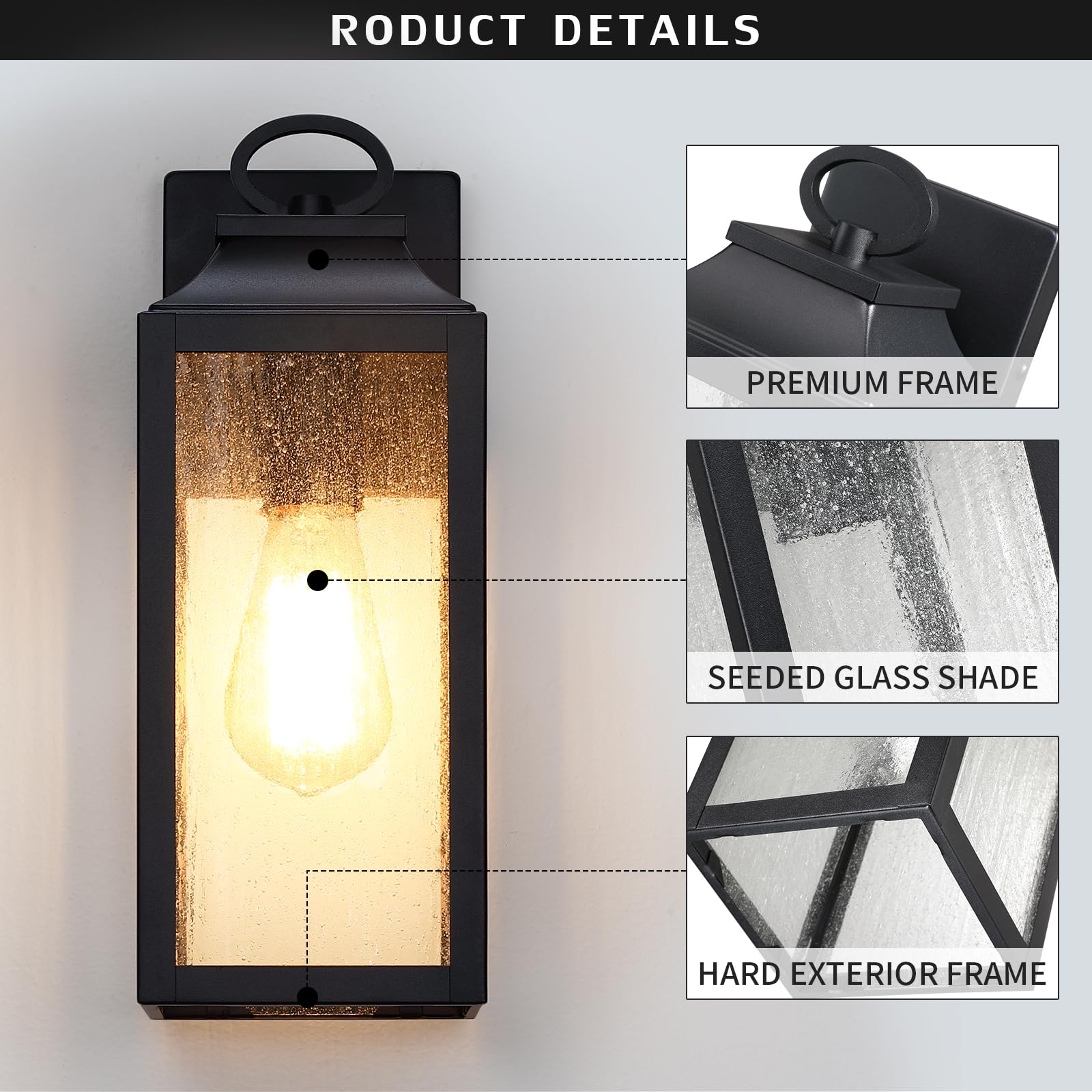 Yklitg 2 Pack Outdooor Wall Light Fixture,12.63'' Porch Exterior Wall Lantern Lighting,Black Industrial Sconce With Seeded Glass