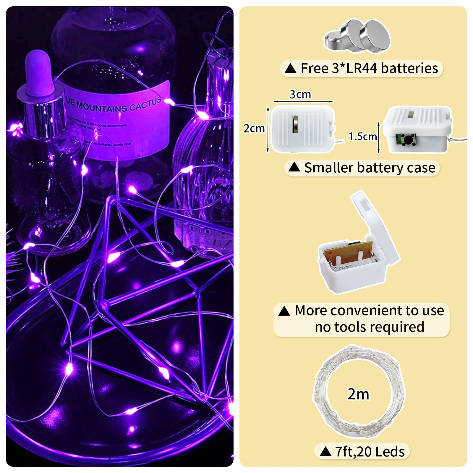 chzk Fairy Lights, 24 Pack 7ft 20 LED Mini String Lights, Battery Operated, Purple, Model D11-BKDC
