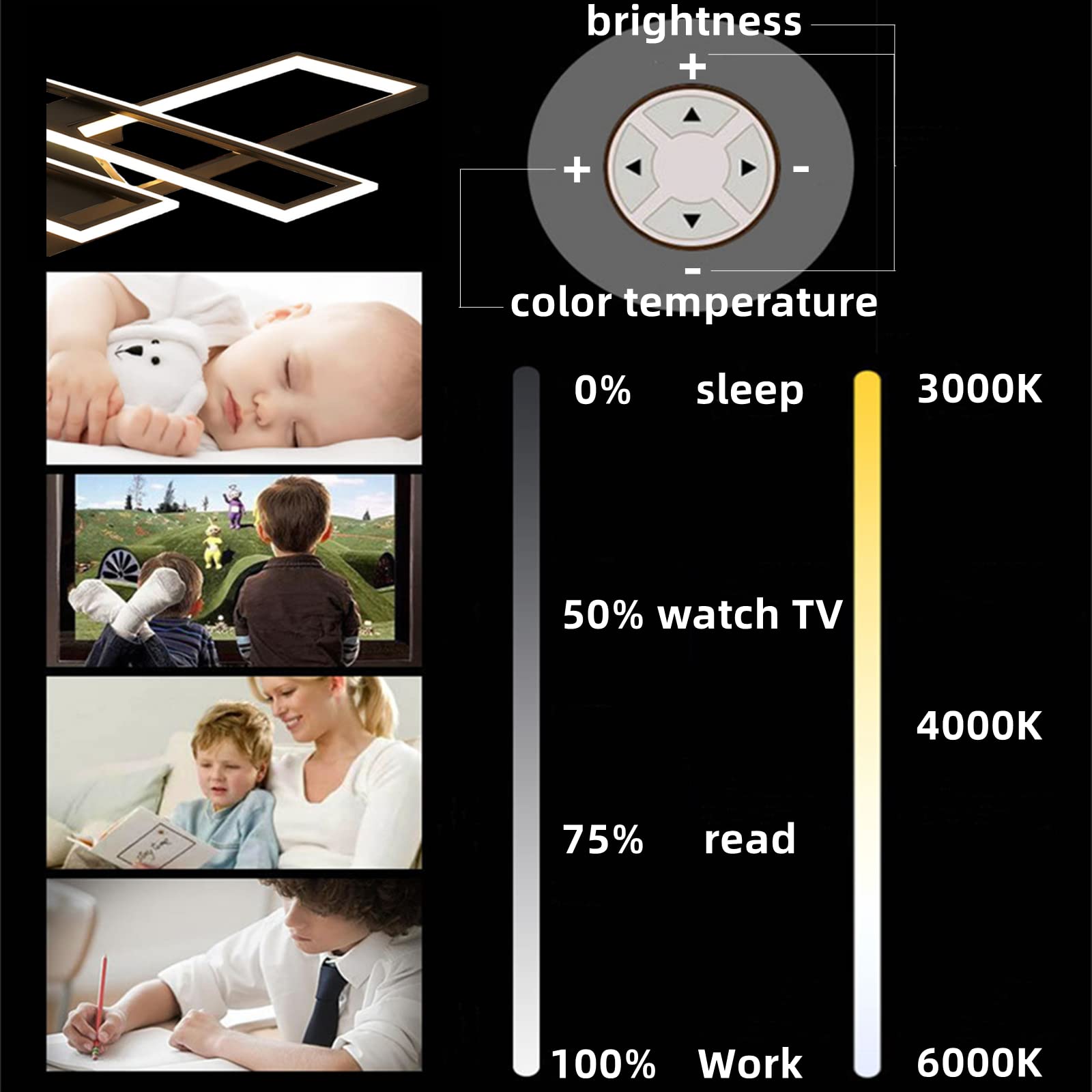 SMG Modern LED Ceiling Light Fixture, Dimmable Remote Control, 35.4IN Flush Mount Chandelier, Black, Model 126-023-731