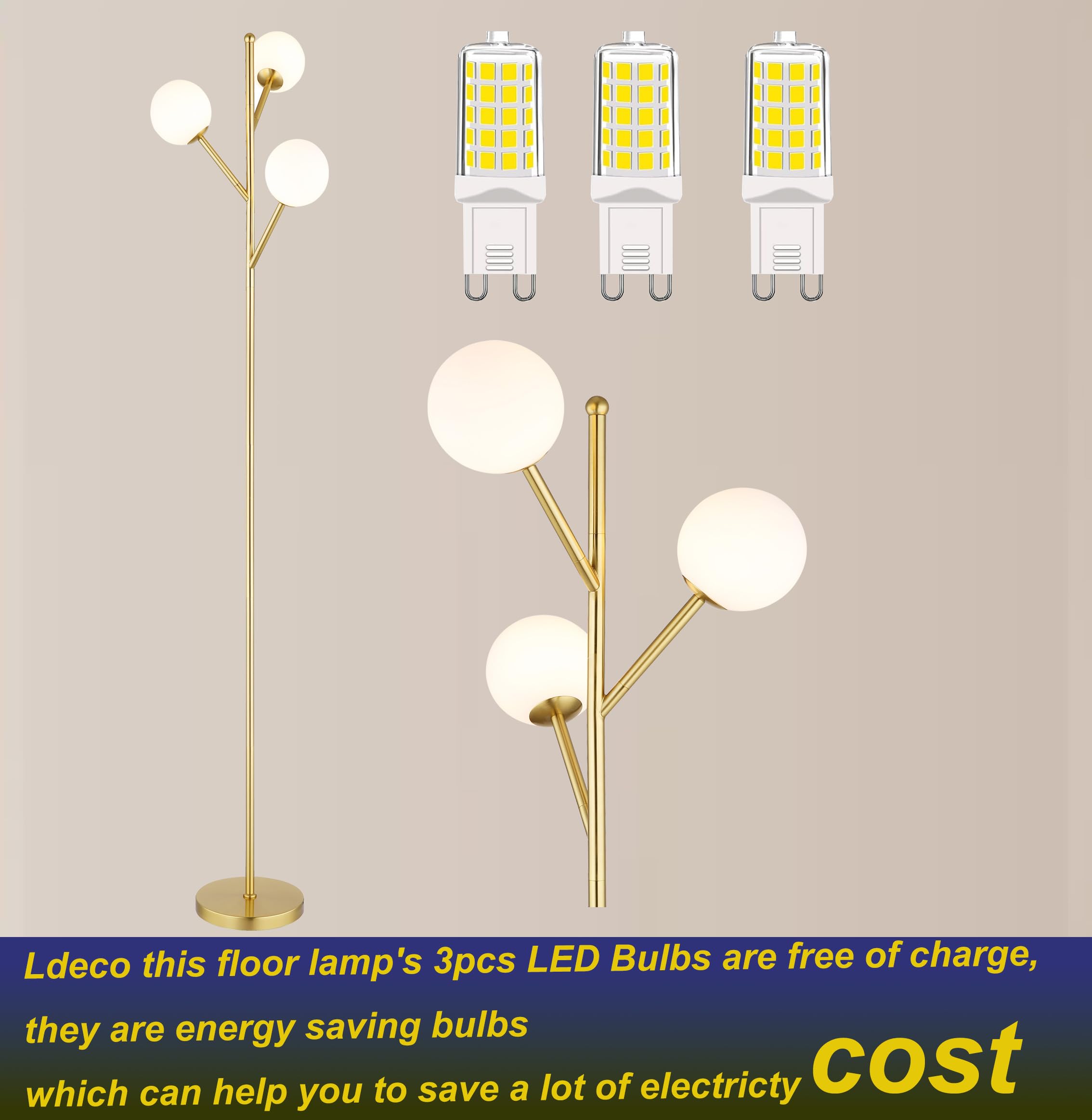 Ldeco 3-Globe Mid Century Tree Floor Lamp And Bulbs Included,70In Tall Standing Glod Floor Lamp With Frosted Glass Shade For Liv