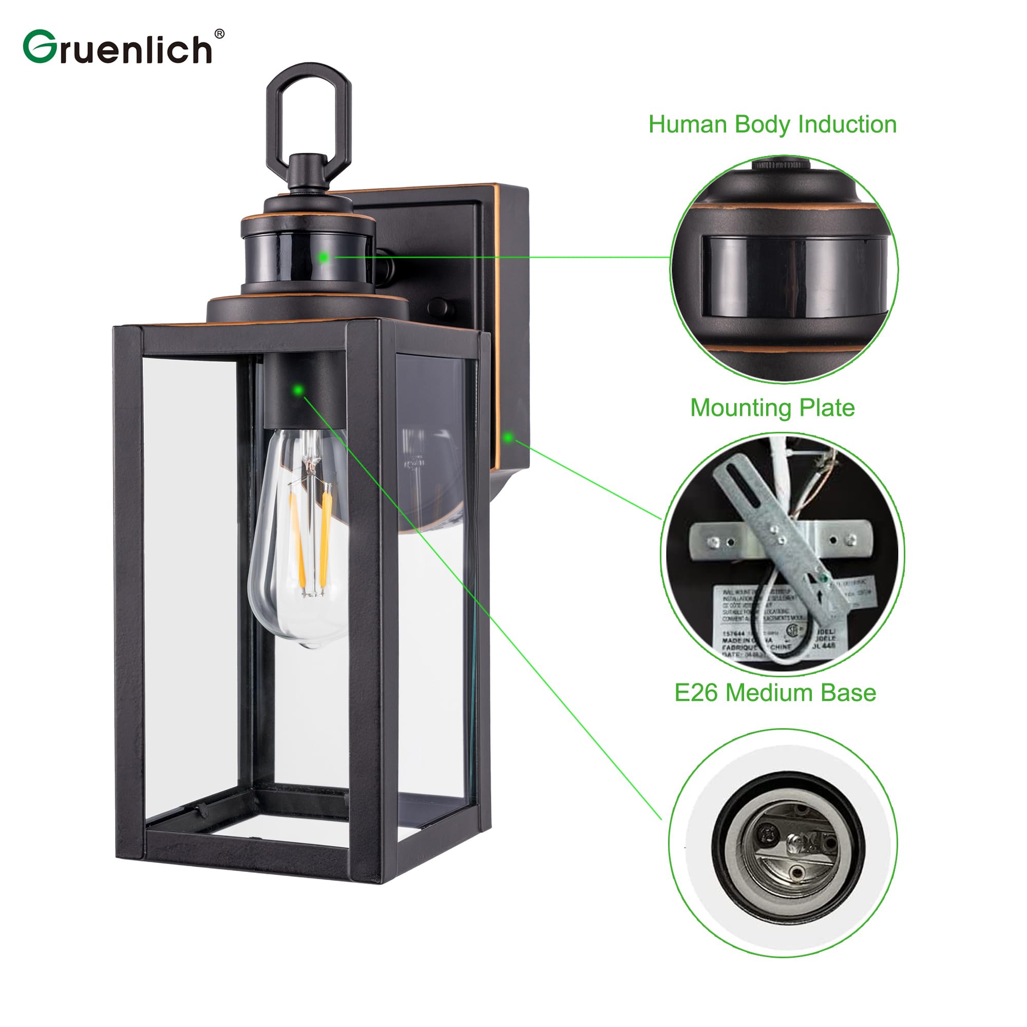 GRUENLICH Dusk to Dawn Outdoor Wall Lantern, PIR Motion Sensor, E26 Max 60W, Metal Housing, Oil-Rubbed Bronze, 2-Pack, Model GR-WL