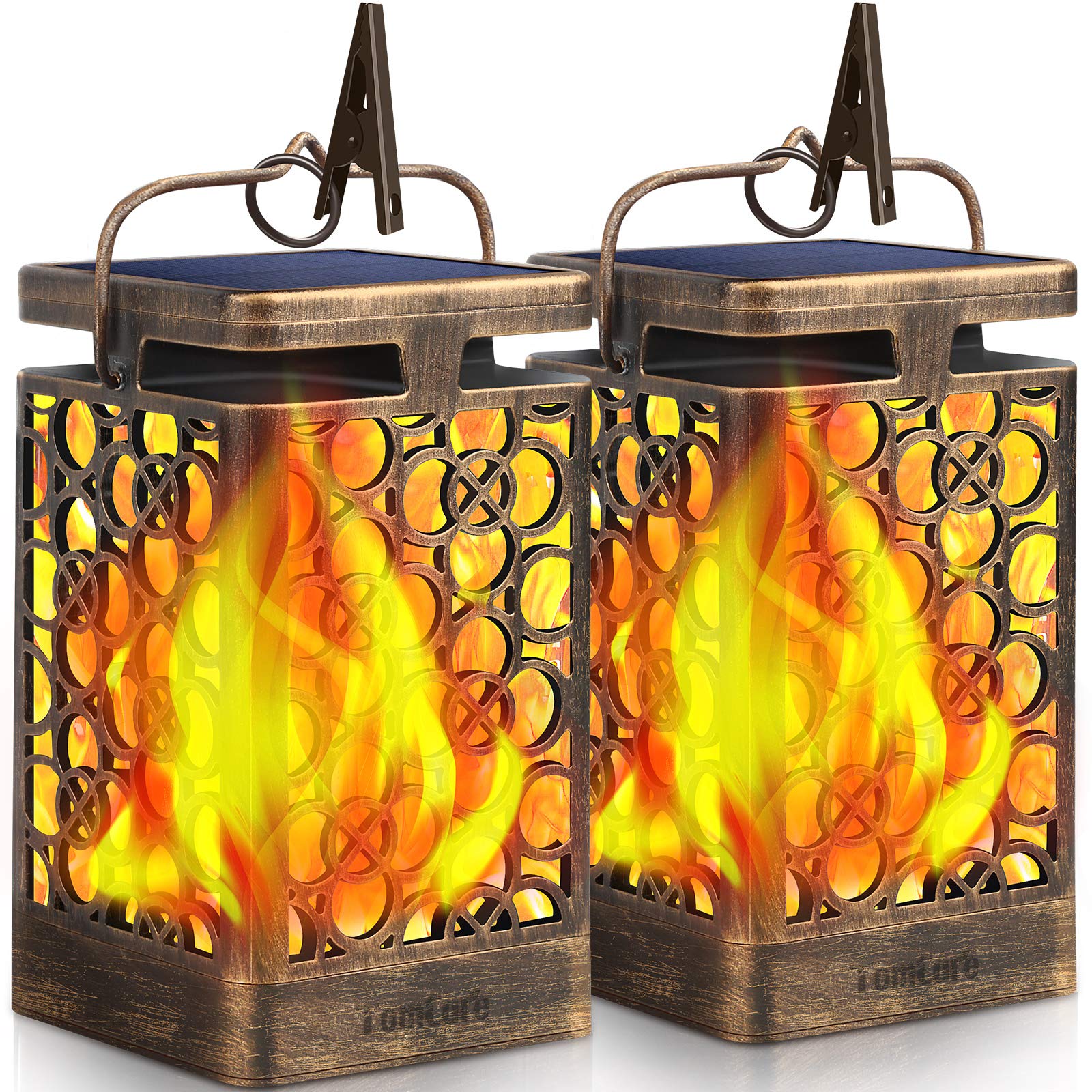 TomCare Solar Lantern - Upgraded Flickering Flame, Waterproof LED, Bronze, 2 Pack, Model SZ-19025, Perfect for Patio and Garden Decor