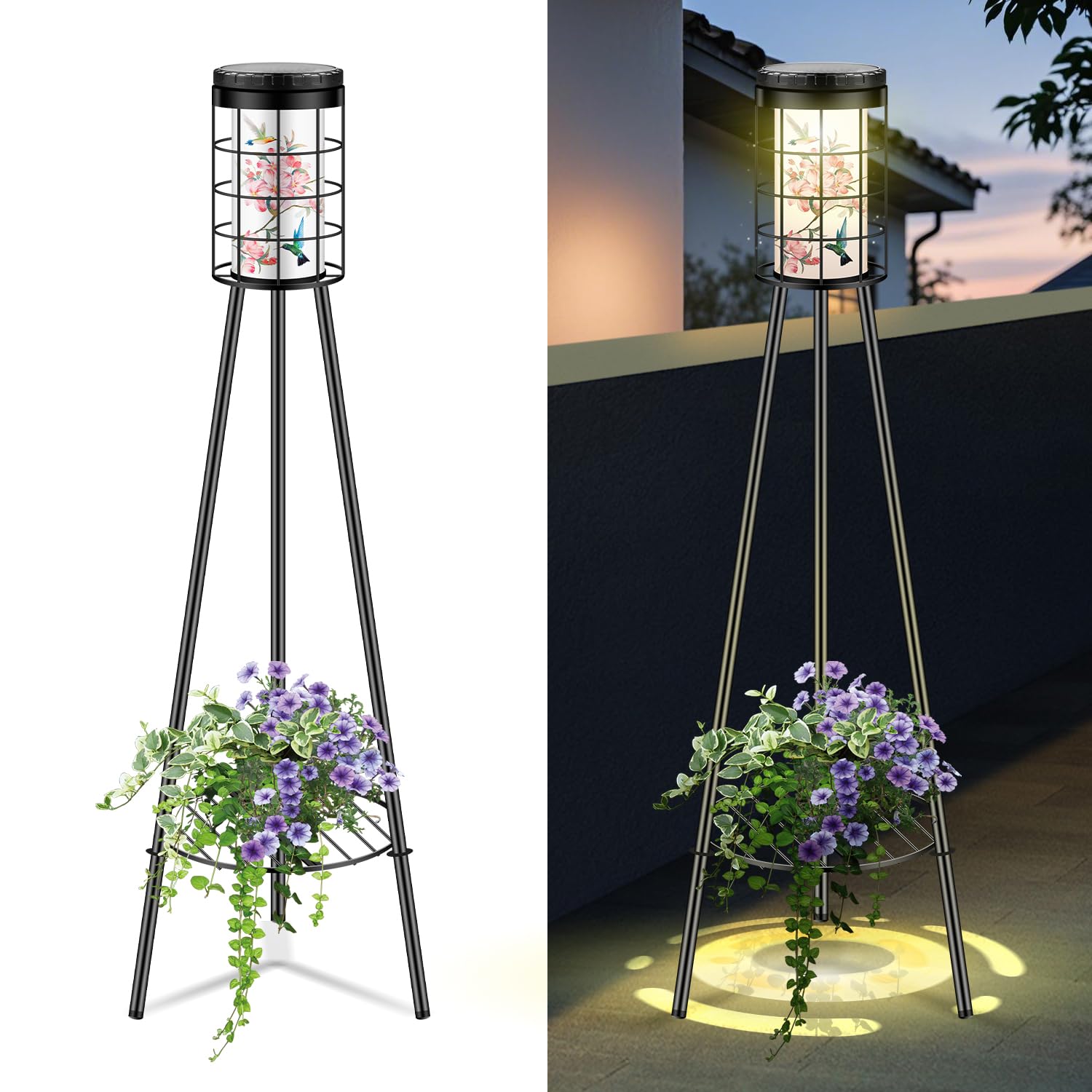 Rabiku 2 Pack Outdoor Solar Floor Lamp with Plant Stand, Hummigbird Print, Solar & USB 2 Way Charging, Garden Decor Gifts for Wo