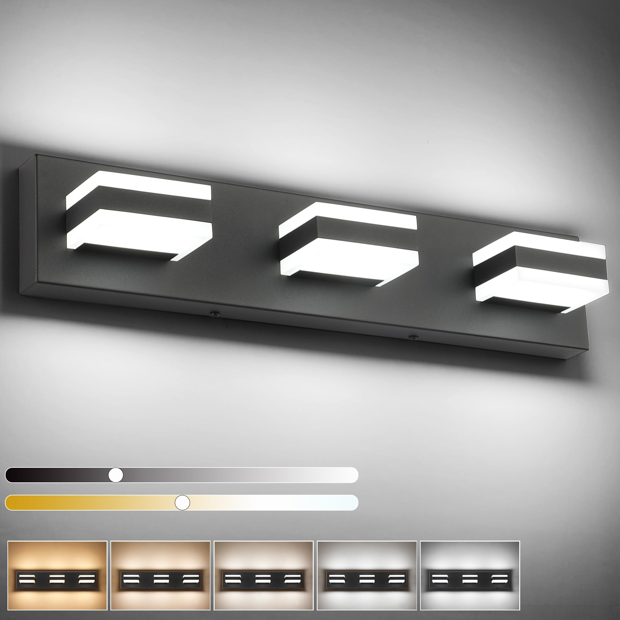Solfart 5 Color Temperature Adjustable Black 3 Lights Bathroom Vanity Fixtures, Led Vanity Light Over Mirror, Bathroom Light Fix