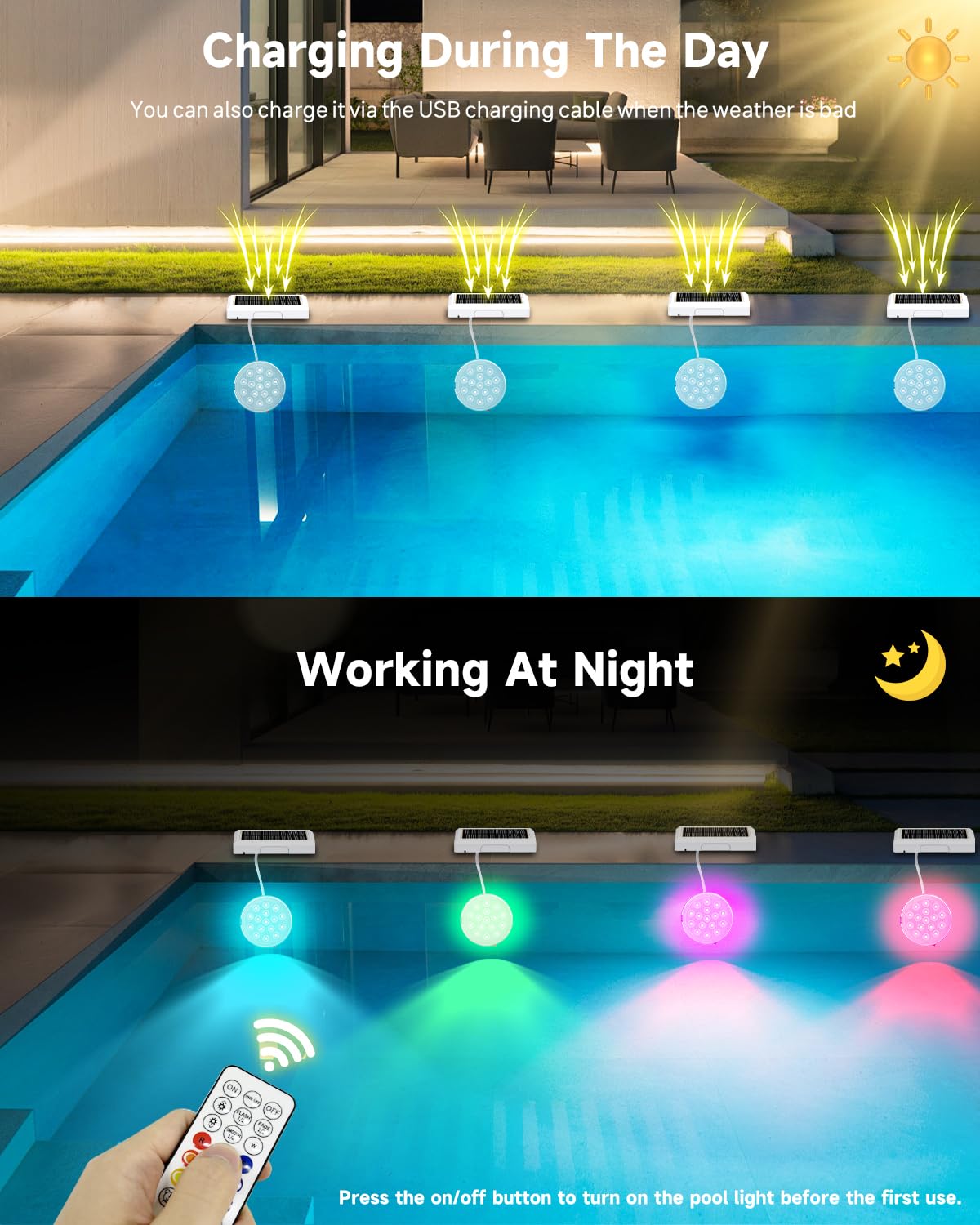 VeoeV 2-in-1 Solar Rechargeable Pool Lights, IP68 Waterproof, 16 Colors RGB, Remote Control, 4 Pack, Acrylonitrile Butadiene Styrene