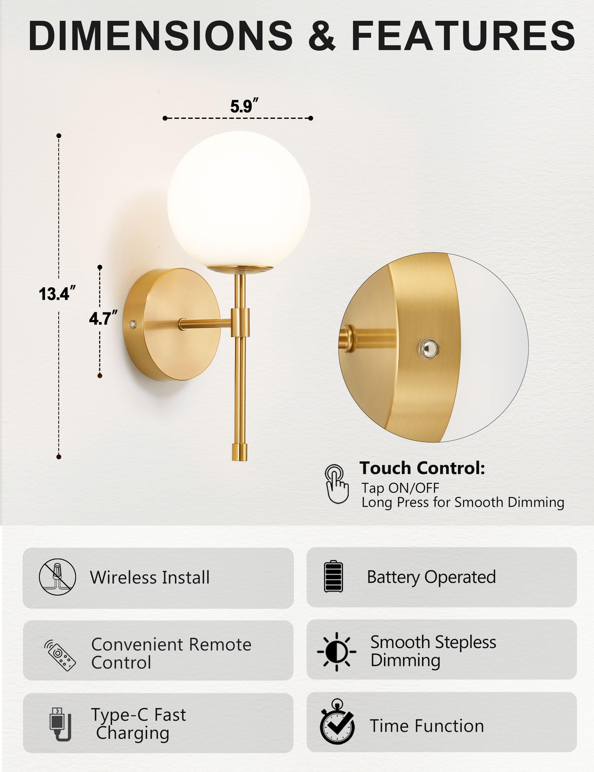 MSTETO Battery Operated Globe Wall Sconces Set of 2, Brushed Gold, Wireless with Remote Control, Rechargeable, Modern Design