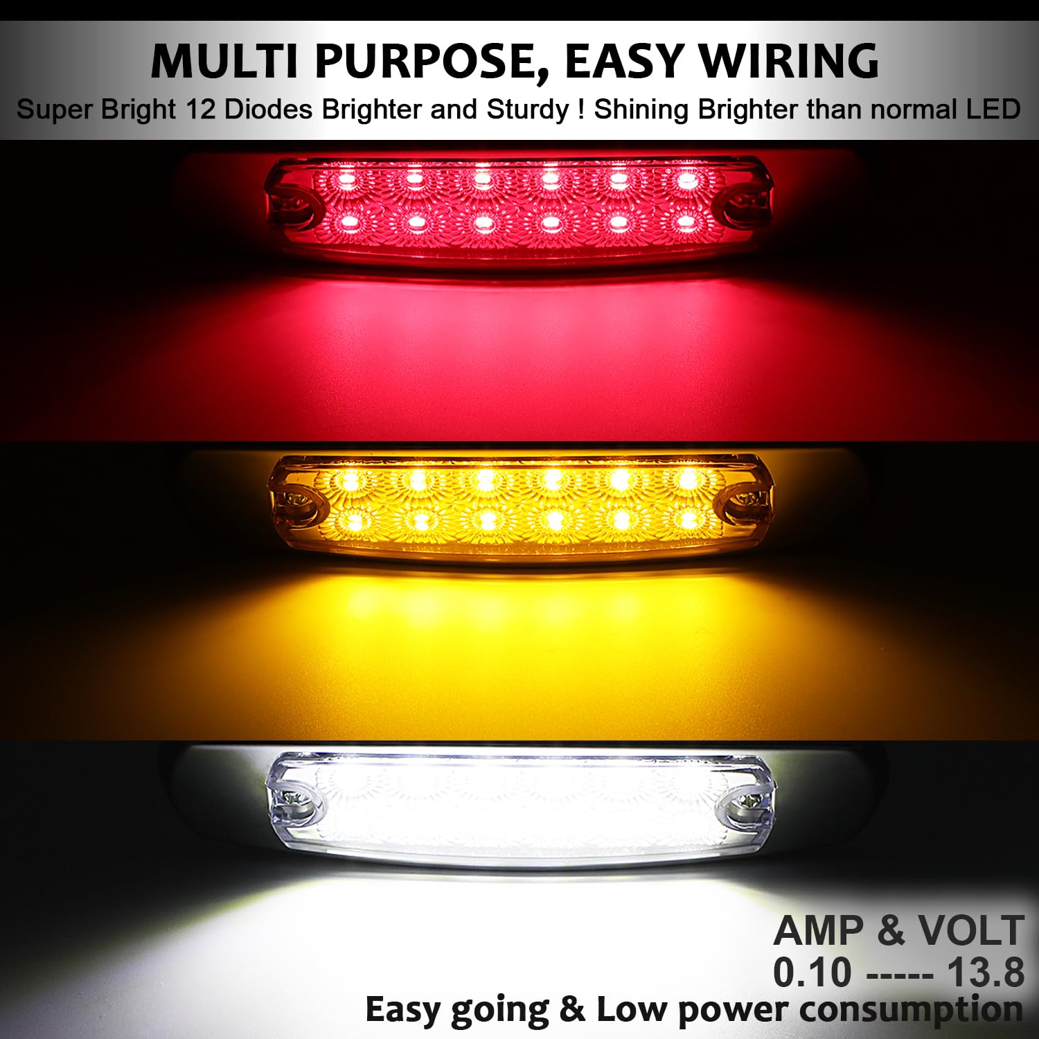 Ledvillage 30 Pcs 12V Dc 6.4 Inch Clear Lens 10 Amber + 10 Red + 10 White 12 Led Clearance Lamps W/Chrome Sealed Flush Mount Sid
