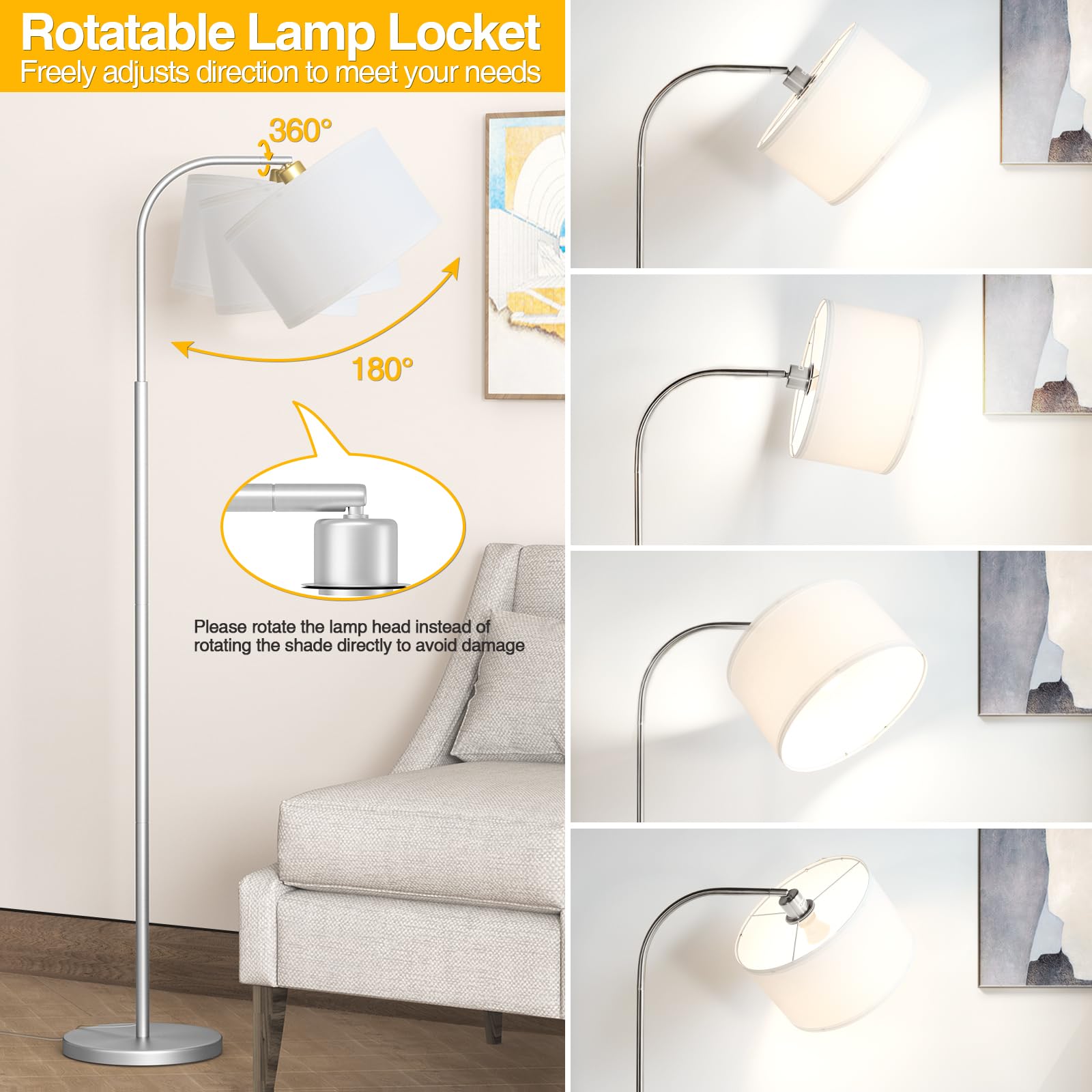 Cnxin Arc Floor Lamps For Living Room With 3 Color Temperatures, Modern Floor Lamp Reading Light With 9W Bulb Included, Standing