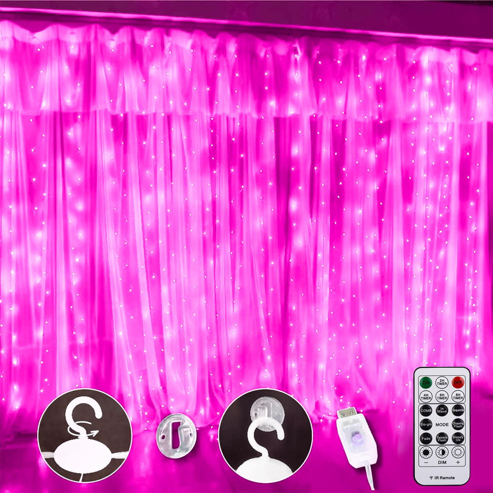 Sinamer Pink Curtain Light For Bedroom, 300 Led 9.8Ft X 9.8Ft Window Fairy Curtain String Light With 16 Hooks, 8 Models Remote Control For Wedding Party Home Garden Indoor Decorations