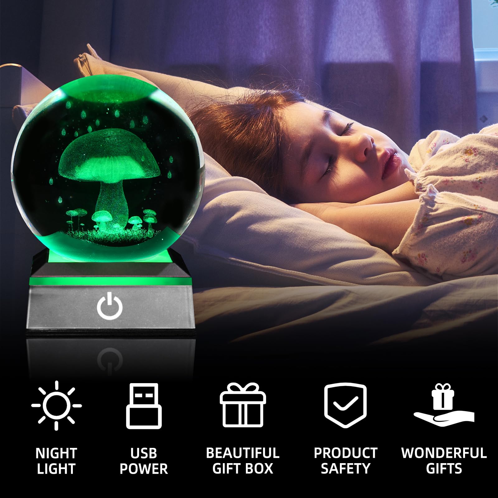 3D Mushroom Crystal Ball Night Light 3.15 Inch Glass Ball Table Lamp With Color Changing Touch Base Mushroom Decor Ideal Gifts F
